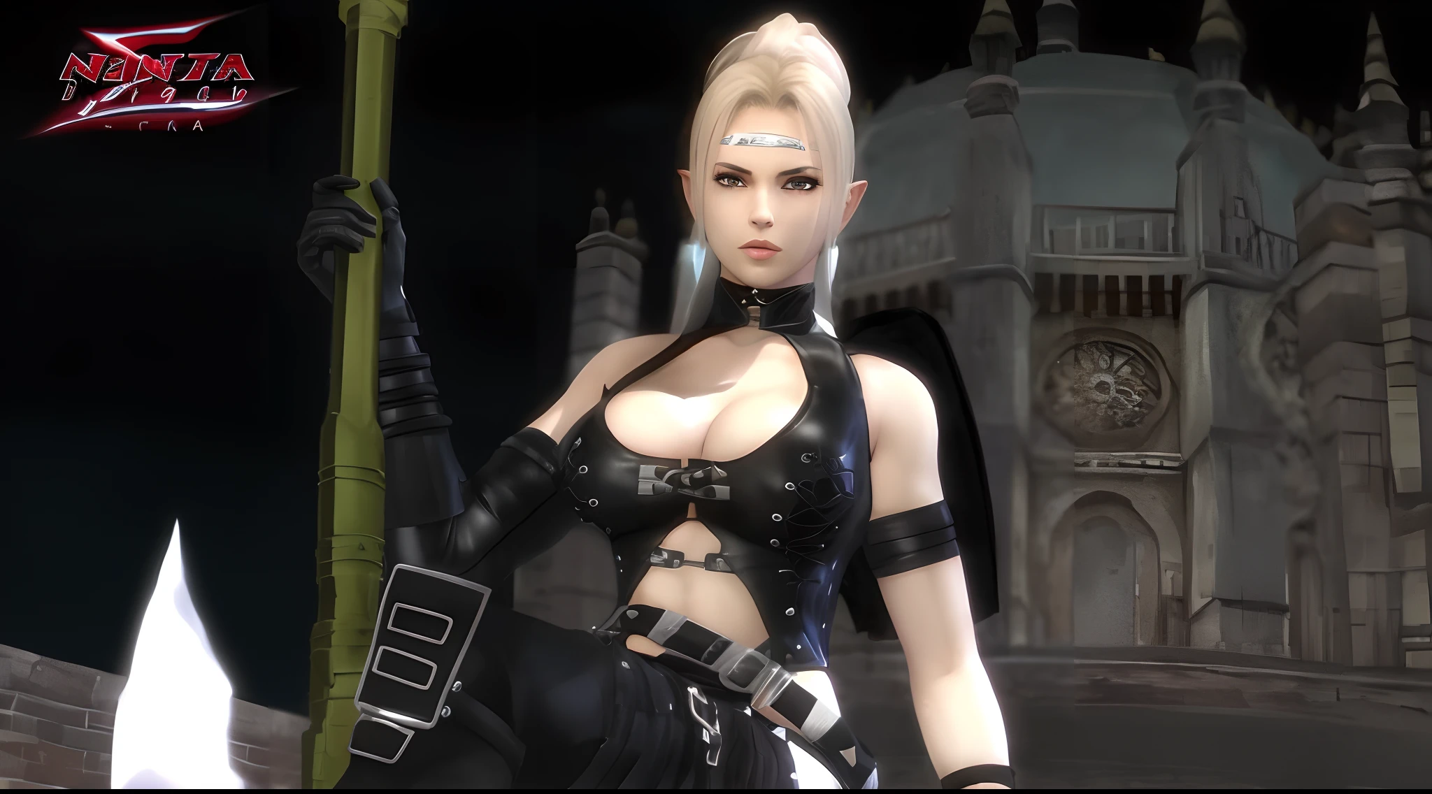 Imagen de una mujer con un traje negro sosteniendo una espada, Retrato Ninja Gaiden Chica, Canario Negro, pose amenazante, Personaje del videojuego Katana Zero, como personaje en Tekken, Tifa Lockhart con pelo blanco, Pose ruda, Personaje femenino, goth ninja, Hermosa asesina, Traje ninja, V de Devil May Cry As an Elf