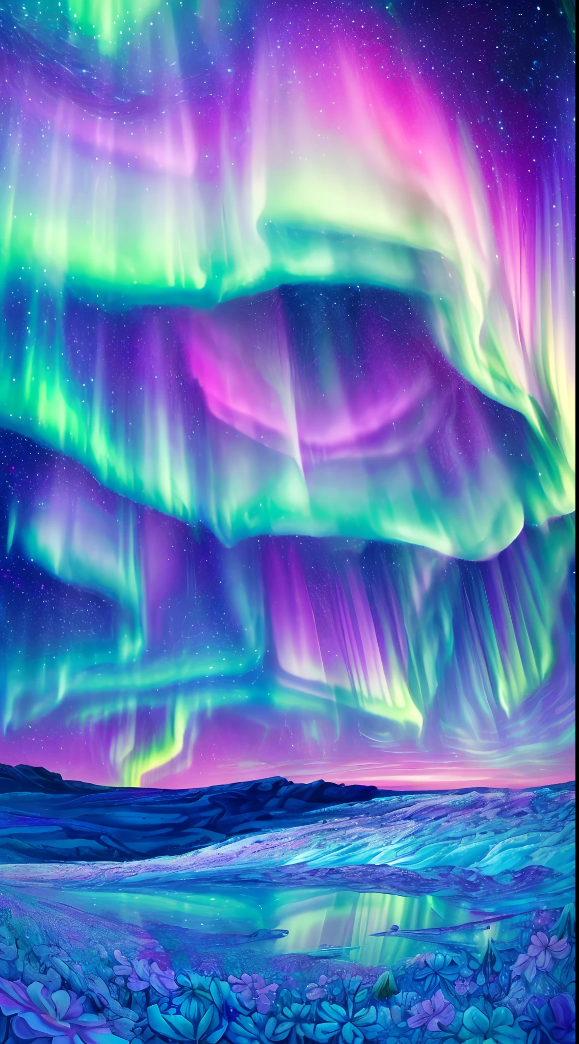 (Girl standing in front of a swirl of colorful Northern Lights: 1.5),((Neon Star, Around the flowers,truth, expecting, Depth-of-fie, insight, Understood, mont, The Milky Way's lush, translucent clouds, spectrum, in a panoramic view, Interstellar cycle, cycle, portal, Mare, extreme light, The Global Northern Lights,The sky is covered in the beautiful Northern Lights)),Bright colors,Thick lines,wave,Multi-layered,foreground、Faraway view、fractal thunder dan mumford,Dammford and Alex grey style,Psychedelic surrealist art,Surrealist psychedelic design,dream art style,Illusion psychedelic art,Infinite psychedelic waves,Inspired by Cyril Rolando (Cyril Rolando),Authentic ripple structure,Psychedelic art style,trippy art,psychedelic illustrations