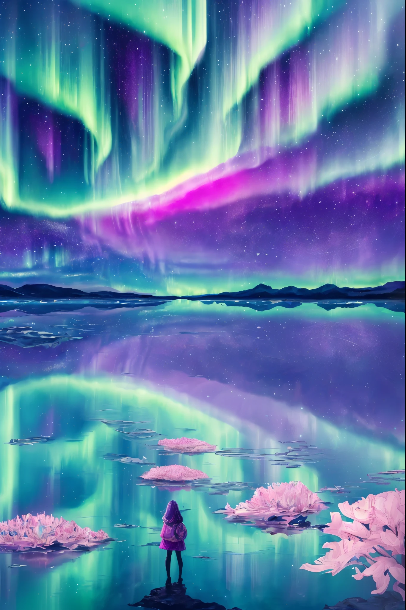 （Girl standing in front of a swirl of colorful Northern Lights: 1.5），((Neon Star， Around the flowers，truth， expecting， Depth-of-fie， insight， Understood， mont， The Milky Way's lush, translucent clouds， spectrum， in a panoramic view， Interstellar cycle， cycle， portal， Mare， extreme light， The Global Northern Lights，The sky is covered in the beautiful Northern Lights))，RGB brilliant colors，Thick lines，wave，Multi-layered，foreground、Faraway view、fractal thunder dan mumford，Dan Manford and Alex RGB style，Psychedelic surrealist art，Surrealist psychedelic design，dream art style，Illusion psychedelic art，Infinite psychedelic waves，Inspired by Cyril Rolando (Cyril Rolando)，Authentic ripple structure，Psychedelic art style，trippy art，psychedelic illustrations