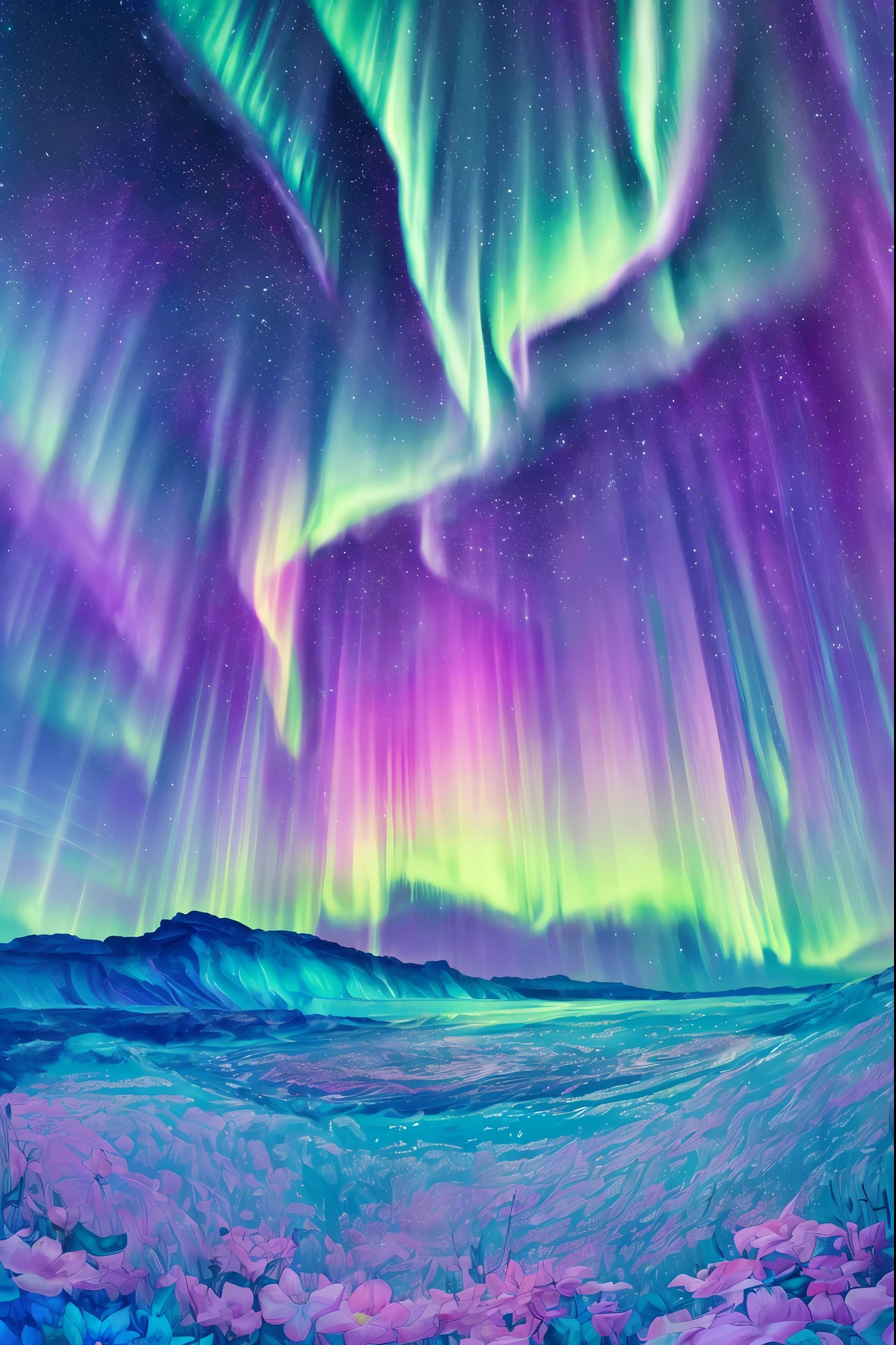 (Girl standing in front of a swirl of colorful Northern Lights: 1.5),((Neon Star, Around the flowers,truth, expecting, Depth-of-fie, insight, Understood, mont, The Milky Way's lush, translucent clouds, spectrum, in a panoramic view, Interstellar cycle, cycle, portal, Mare, extreme light, The Global Northern Lights,The sky is covered in the beautiful Northern Lights)),RGB brilliant colors,Thick lines,wave,Multi-layered,foreground、Faraway view、fractal thunder dan mumford,Dan Manford and Alex RGB style,Psychedelic surrealist art,Surrealist psychedelic design,dream art style,Illusion psychedelic art,Infinite psychedelic waves,Inspired by Cyril Rolando (Cyril Rolando),Authentic ripple structure,Psychedelic art style,trippy art,psychedelic illustrations