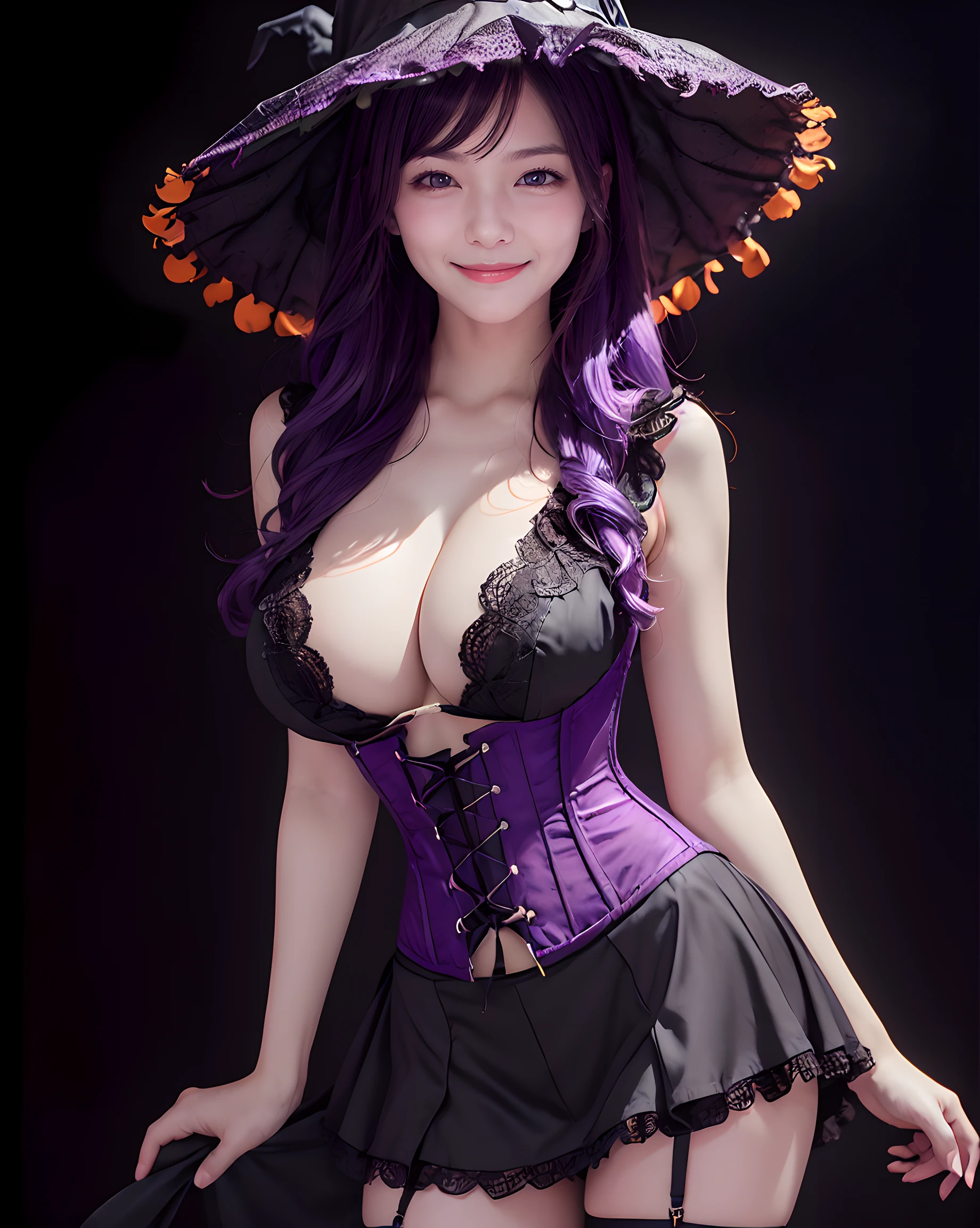 (simple black background:1.5), (Halloween theme:1.3), upper body portrait of a very busty beautiful woman wearing overbust lace corset, ultra detailed embroidery full lacy corset, frilled lacy short skirt:1.3, detailed clothes, (full lacy purple witch hat:1.3), BREAK, (;D1.3, happy evil smile:1.2)), perfect face,perfect eyes,HD details,high details,sharp focus,studio photo,HD makeup,shimmery makeup,celebrity makeup, (bust up image:1.5), ((centered image)) (HD render)Studio portrait,magic, magical, fantasy,(huge breasts)(large breasts),(big breasts),(sagging breasts), wavy curly hair:1.3, (purple hair:1.3), (front view:1.3), from below, low angle,