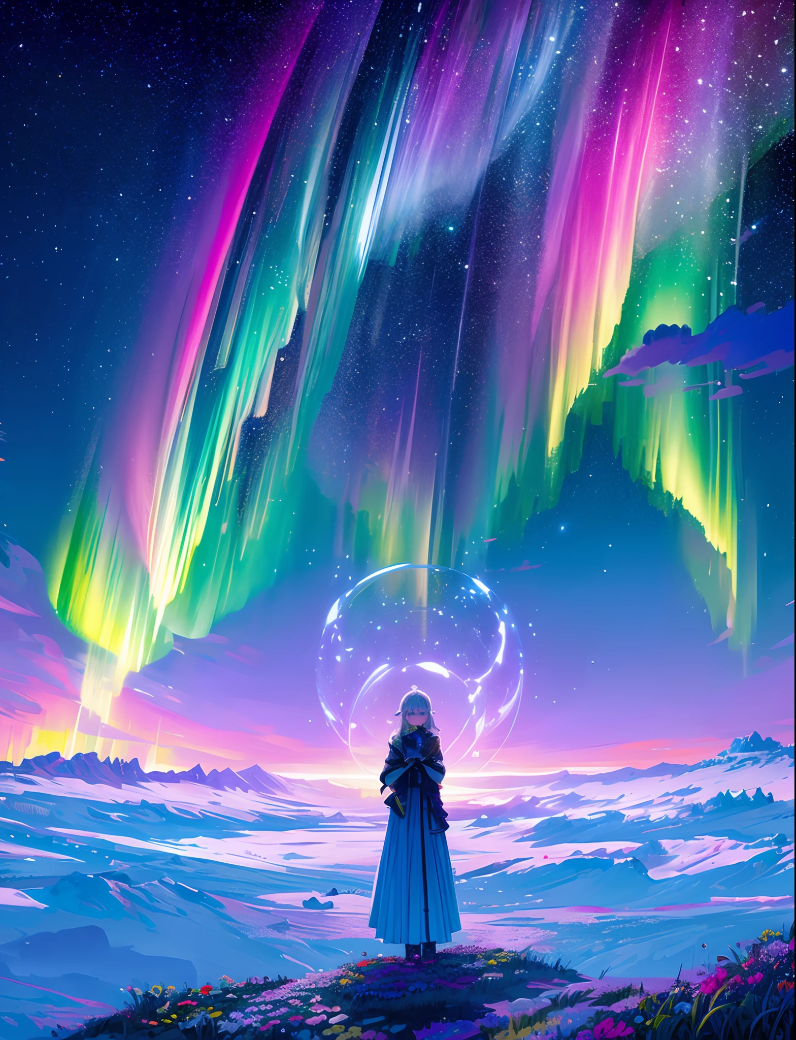 tmasterpiece, Neon stars, Around the flowers,truth, expecting, Depth-of-fie, insight, Understood, mont, Lush translucent clouds of the Milky Way, spectrum, in a panoramic view, Star cycle, cycle, portal, Mare, extreme light, The Global Northern Lights