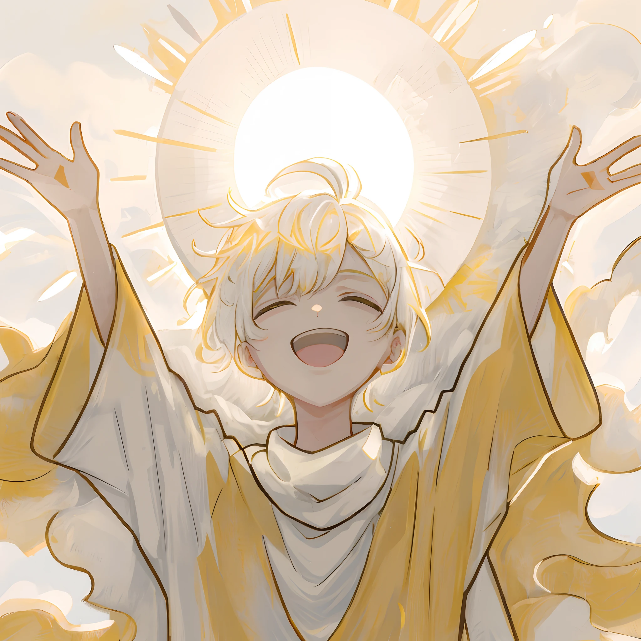 Anime boys，whaite hair，Stretch your arms into the air, praise the sun, White-haired god, hot with shining sun, god of the sun, god sun rays, divine ray over her head, holy halo, A glowing halo overhead, sun behind him, praise the sun, Pose(Arms up + cheerfulness), holy rays, bright sunny time,plethora of colors,Colorful,a color