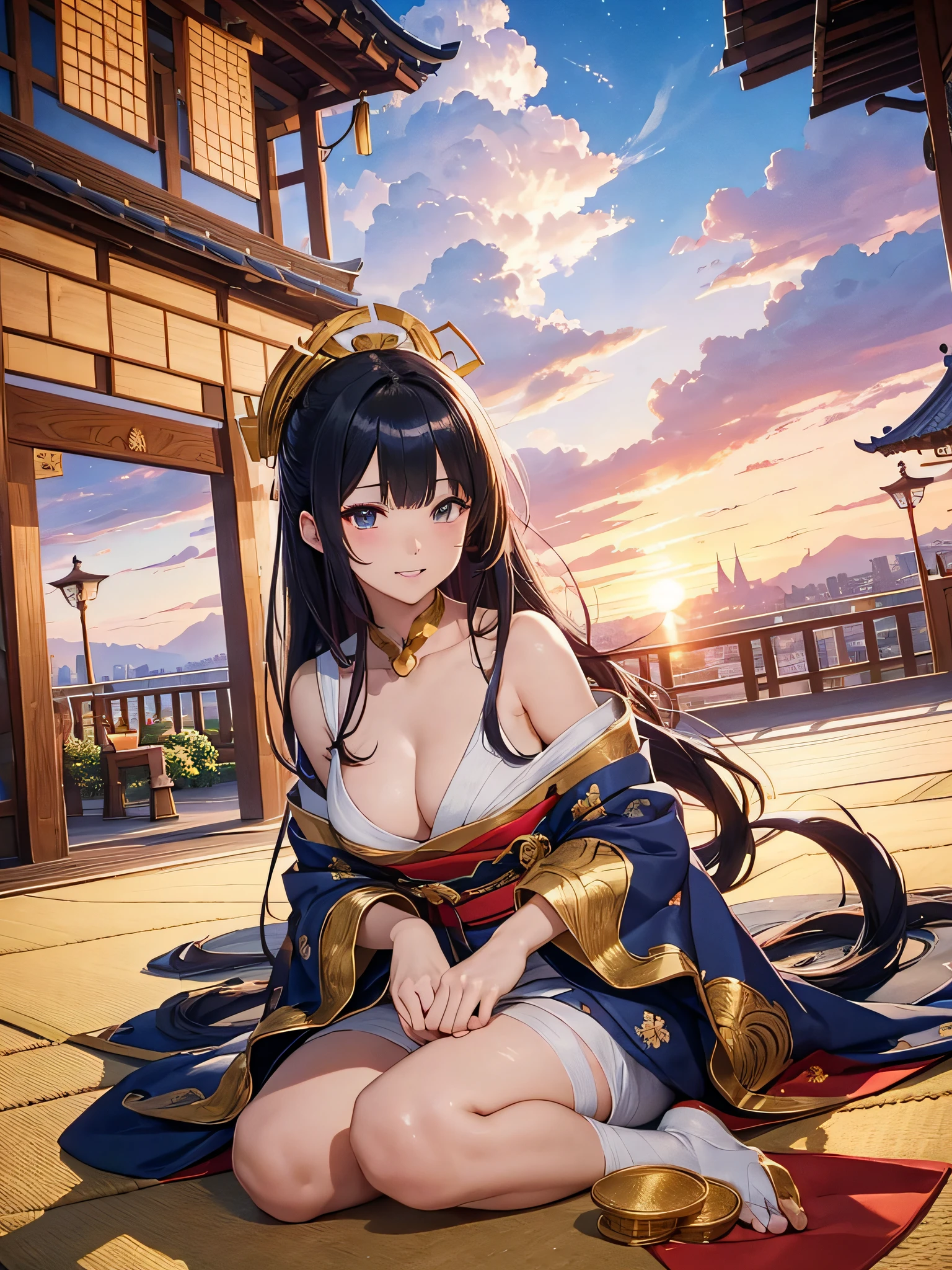 (top-quality、hight resolution、8k、colourfull、animesque、Anime style)。Goemon Ishikawa（（Her information：Bandits of 1995、The Great Thief、Fleshy lips、well-muscled、double tooth、canine teeth、hanikami、small tits、Full body bandage、bandaged、geta、silber hair、sideways Facing、White headband、Raise bangs、Less exposure、Dress like a kabuki actor、A large furoshiki with a large number of gold coins on the side、Cross-legged on the roof while enjoying kissel、sit in、View the castle town in the distance from the castle rooftop、Oversized kimono、A large number of ornaments））、The sunset turns the castle town red、Gold and silver treasures、Gold Smalls、It depicts him looking at the stolen money and goods with satisfaction.。