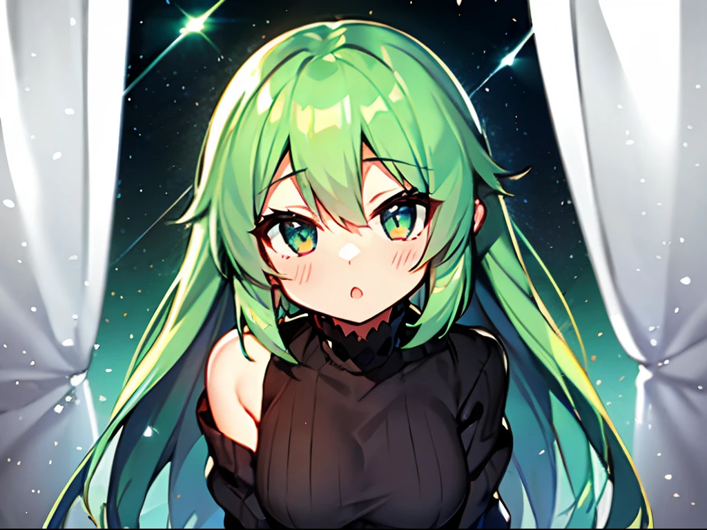 1 girl、beautiful countenance、Gray color、Anime girl with green hair and green eyes staring at the camera、Glowing green eyes、slim, Diagonal angle、Oblique eyes、Wear a large jumper over the top、suprised、cute little