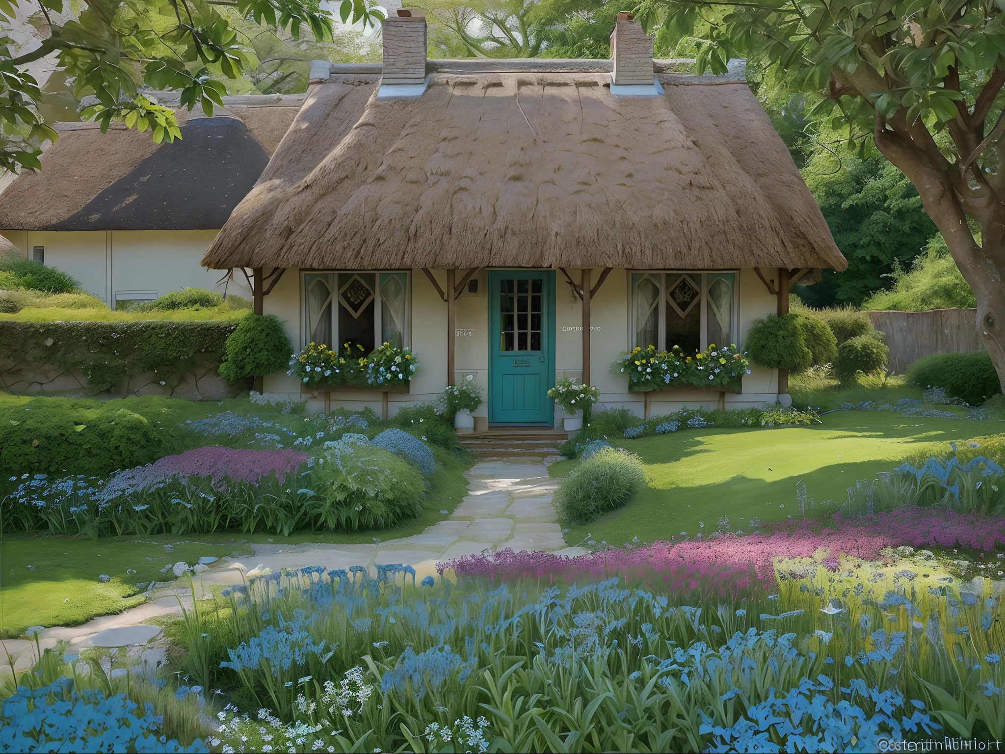 A stunningly vibrant watercolor landscape, every brushstroke brings the scenery to life: soft hues of blues and greens blending seamlessly, creating a mesmerizing backdrop. The main subject, a quaint cottage nestled amidst a lush meadow, enchants with its charming details—worn wooden walls, a thatched roof that beckons with nostalgia, and flower-filled windowsills that invite serenity. This exquisite painting captures the essence of tranquility and showcases the artist's skill in capturing intricate details with breathtaking precision.