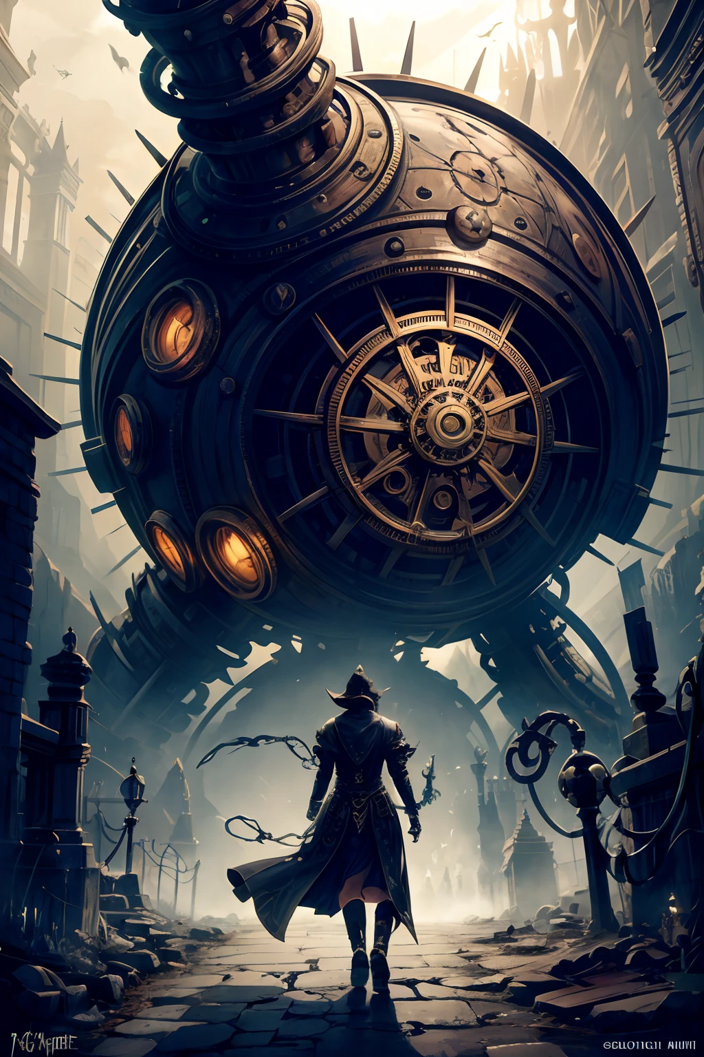 dark, steampunk, industrial, detailed machinery, intricate clockwork, brass gears, mysterious atmosphere, mechanical tentacles, eerie lights, smoke and steam, ancient technology, gothic architecture, underground laboratory, eldritch horror, dystopian world, surreal textures, metallic surfaces, haunting shadows, gears in motion, otherworldly beings, Lovecraftian creatures, a sense of impending doom, twisted and distorted shapes, macabre artistry, mesmerizing and unsettling, arcane symbols, cosmic horror