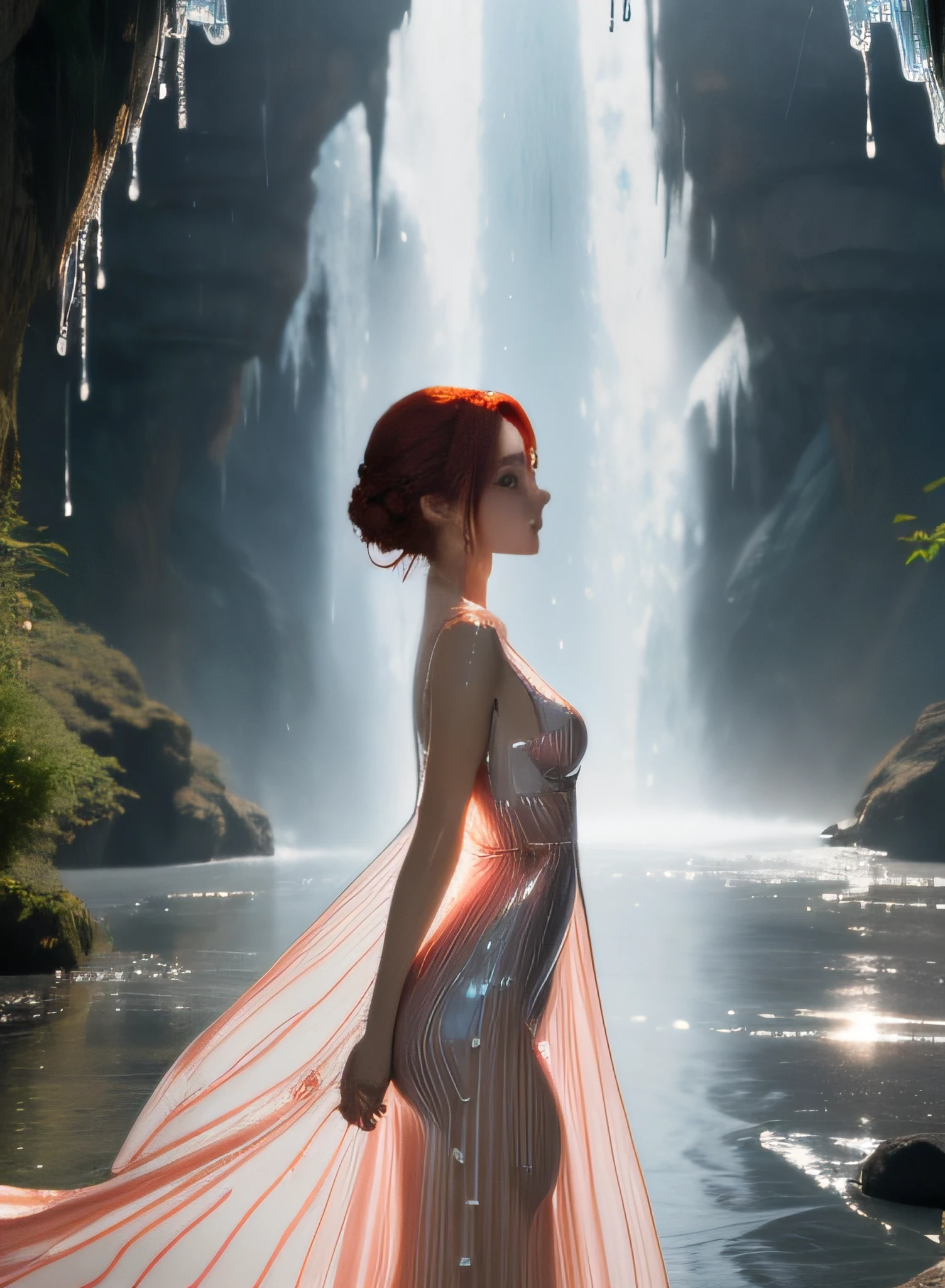 Beautiful woman wearing (Transparent dripping rippling water dress) Midgar,8K, masutepiece, Highly detailed, Solo,
(Jib Shot, From Side),
Waving,
skeptical,
curly updo,
Red hair,