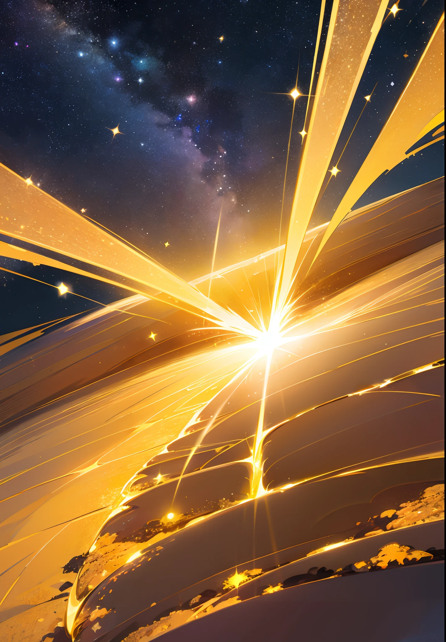 Best Quality 8k、A starry night、A golden light that connects the ground and the sky in a straight line、Ancient rituals、lensflare、wide angles、A twinkling microscopic light