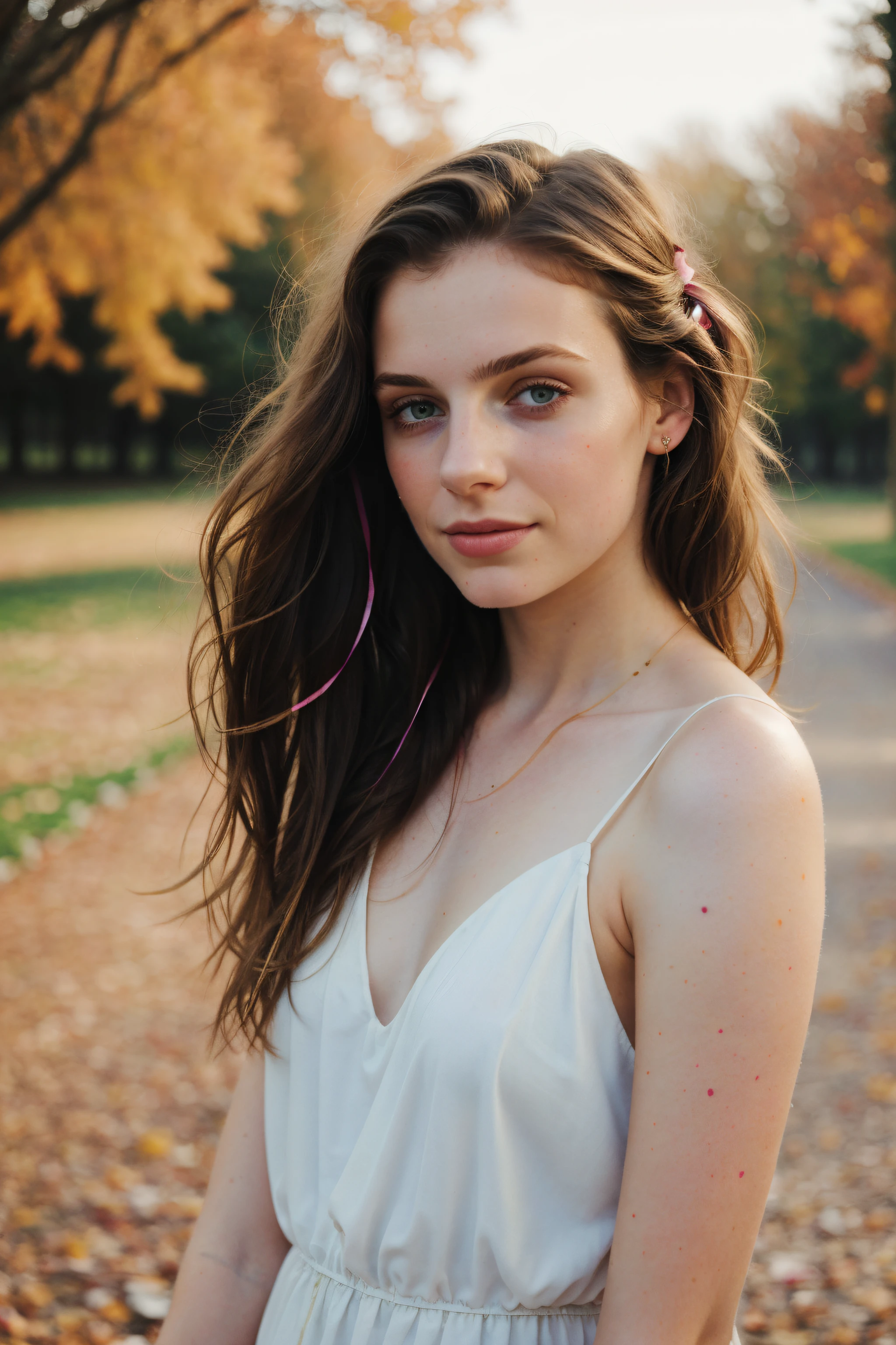 (8k, best quality, masterpiece:1.2),(best quality:1.0), (ultra highres:1.0), watercolour, a beautiful 22 year old french girl with messy shoulder length hair, hair ribbons, by agnes cecile, half body portrait, extremely luminous bright design, pastel colours, (ink:1.3), autumn lights