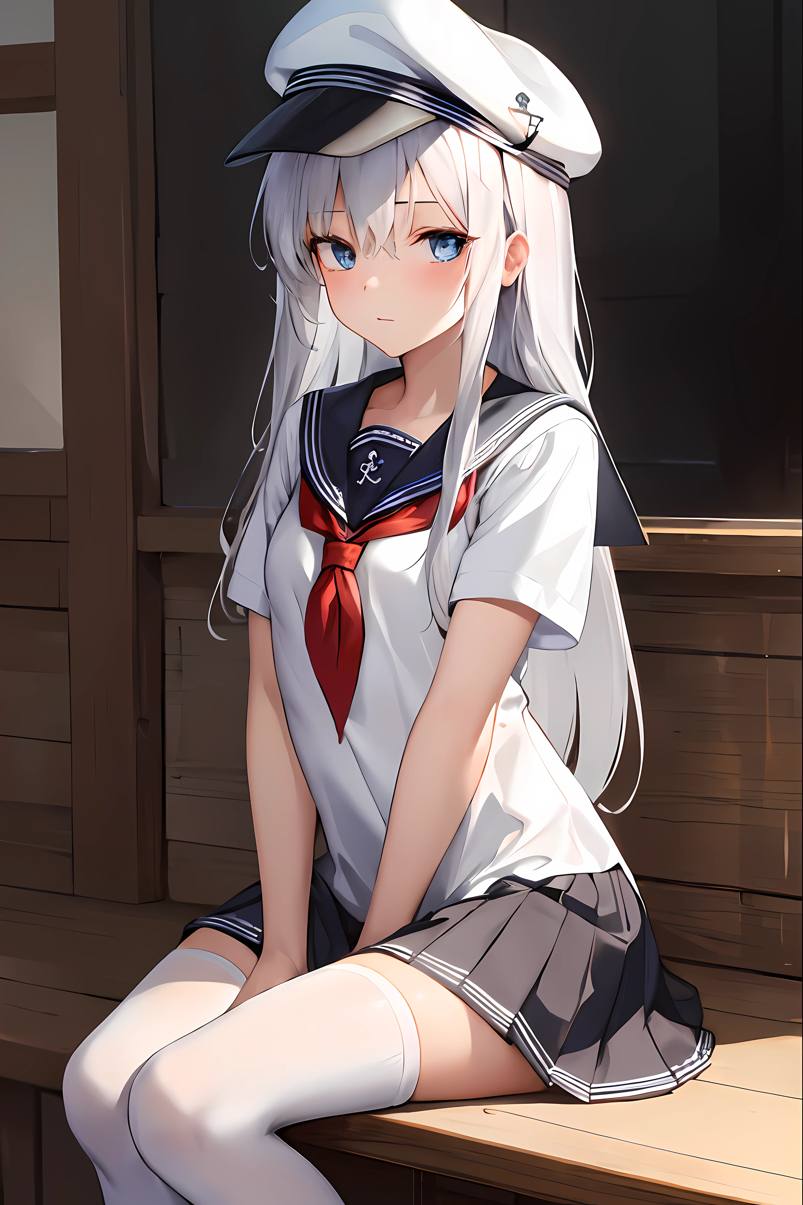 (masterpiece, best quality:1.2),illustration,8k,hd,1girl,solo,upper body,(portrait:1.2),hat,thighhighs, (white sailor dress:1.24),neckerchief,long hair,school uniform,blue eyes,flat cap,black thighhighs,pleated skirt,anchor symbol,sailor collar,grey hair,short sleeves,hair between eyes,red neckerchief,white hair sitting,