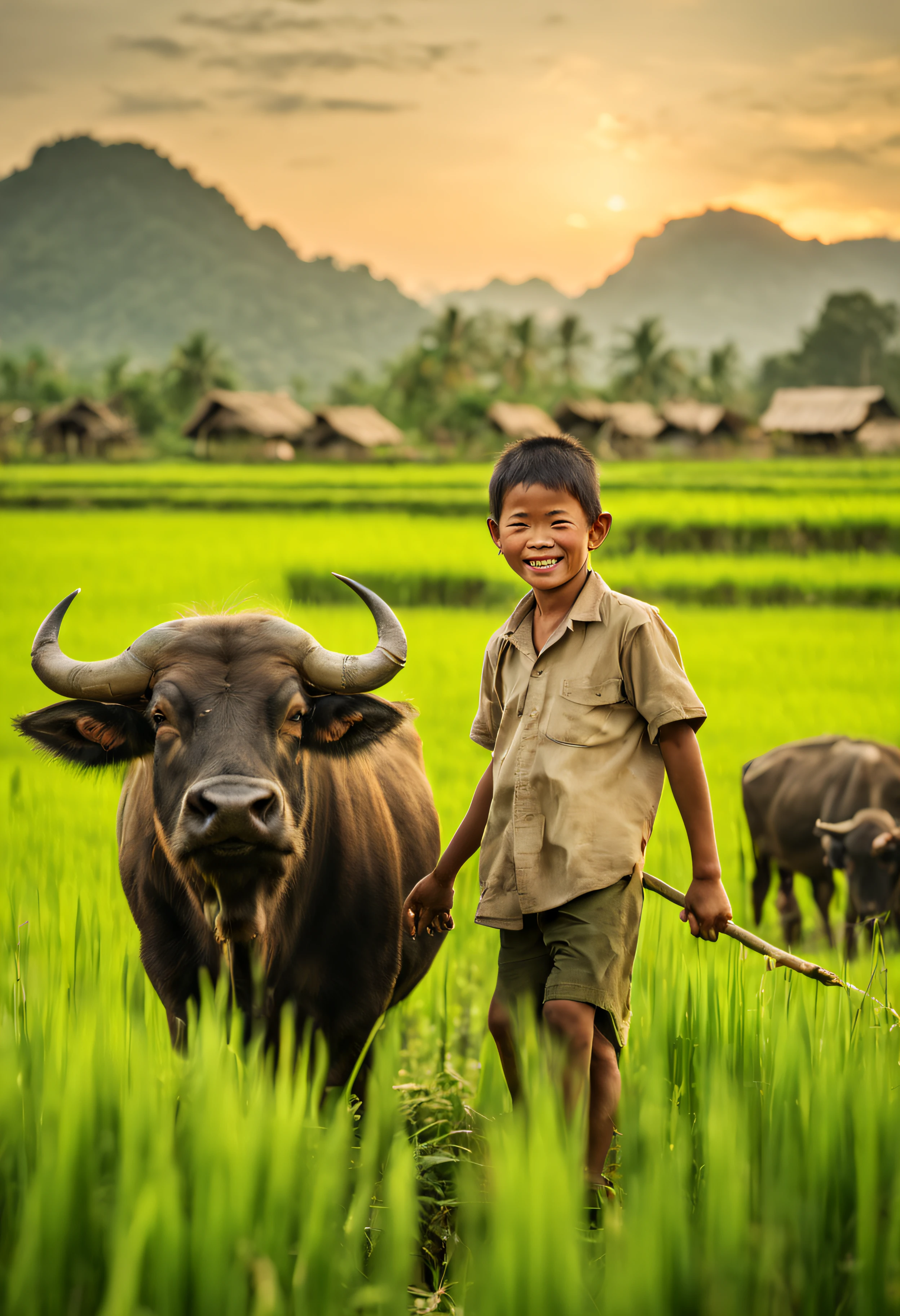 lao farmer with a lao buffalo and a village lifestyle in a green rice field with cute smiling children and evening light. Realistic image