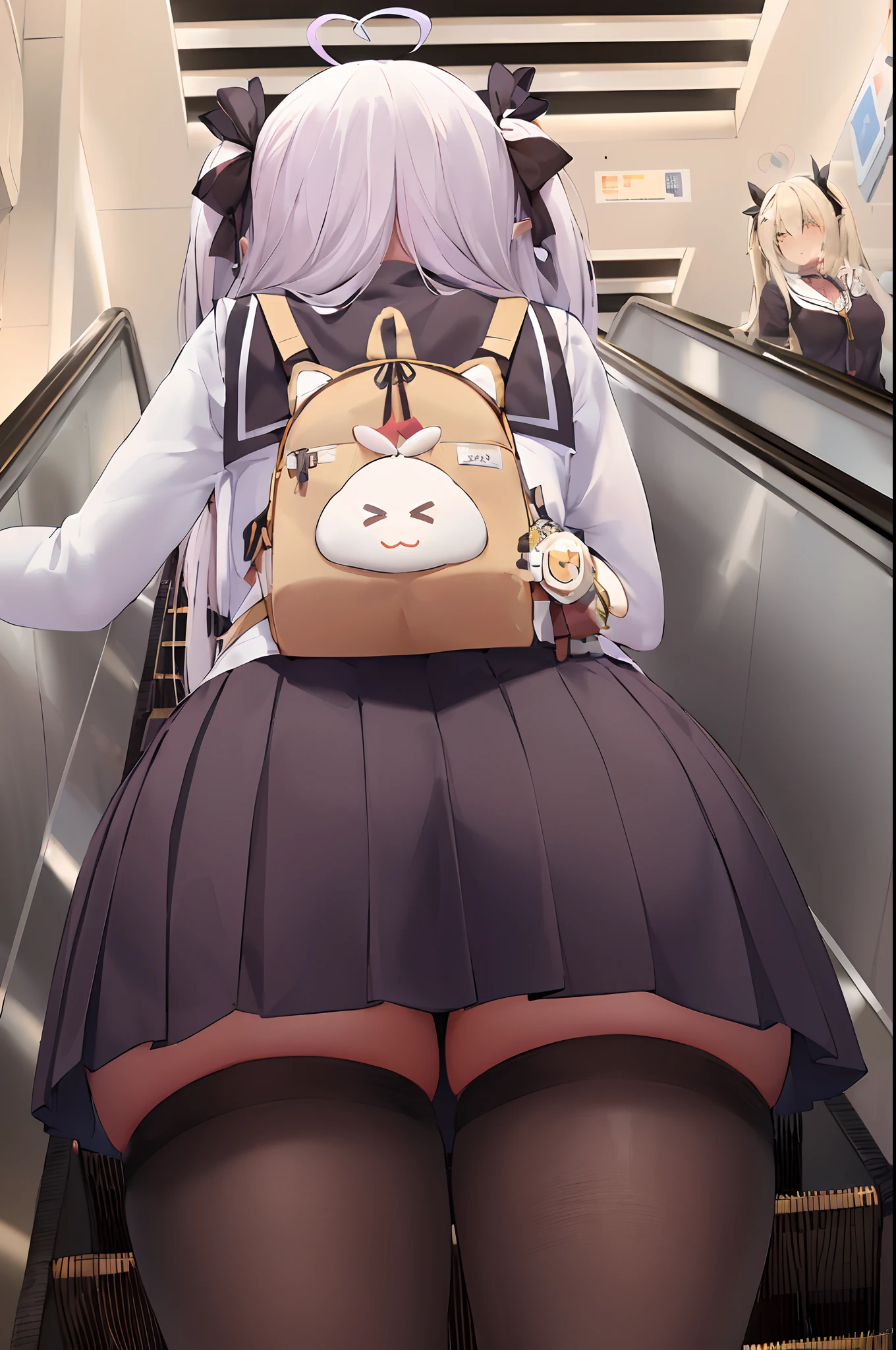 anime girl with a backpack on her back riding an escalator, small curvy loli, kantai collection style, azur lane style, from girls frontline, girls frontline style, a hyperrealistic schoolgirl, from the azur lane videogame, fine details. girls frontline, the anime girl is crouching, hanayamata, hyperrealistic schoolgirl, girls frontline cg