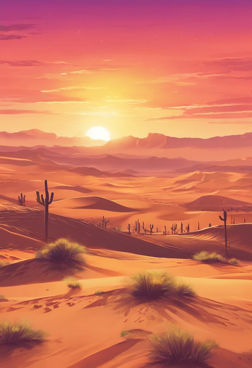 Depth of field in the distance, evening light, Sunset, Desert, mexico, US West, Yellow sand in the sky,The background is a vast desert,game scenes, landscape artwork, environment design illustration, scenery art detailed, Desert oasis landscape, concept-art, 4k highly detailed digital art, 4 k digital painting, 4k digital painting, stunning digital illustration, Desert background, digital painting concept art, Detailed digital painting