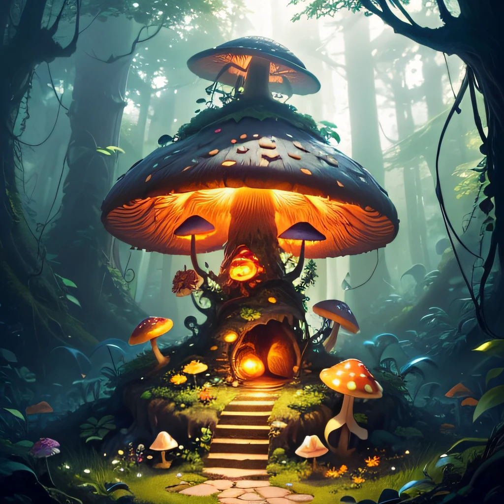 (Masterpiece), (Best Quality), (Ultra high Detailed), Fantasy Concept, Fantasy Jungle, a fantastic, Cute rounded glowing poisonous mushroom, a fluorescent orange mushroom, a big short slice in the center of the screen, The biggest mushroom is on the stump, Small cute poisonous mushrooms around, flowers, trees, vine plants around