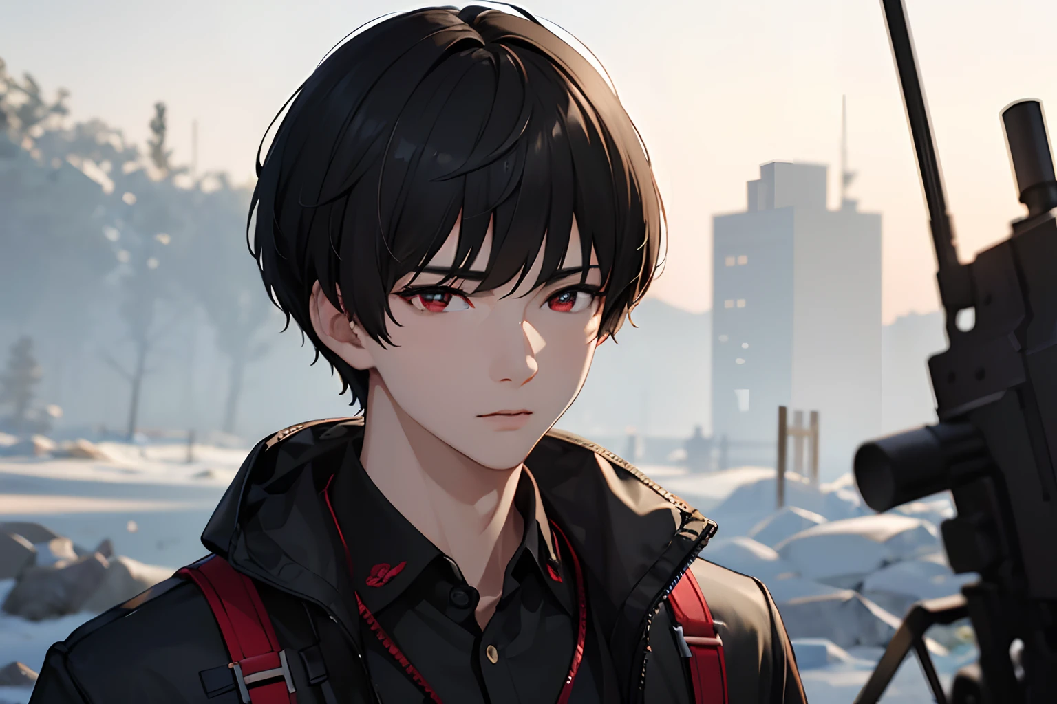 masterpiece, best quality, 1boy, red eyes, black hair, short hair, white shirt, military camouflage, battlefield, detailed eyes, detailed facial features, realistic and high resolution (best quality, 4k, 8k, highres, masterpiece:1.2)