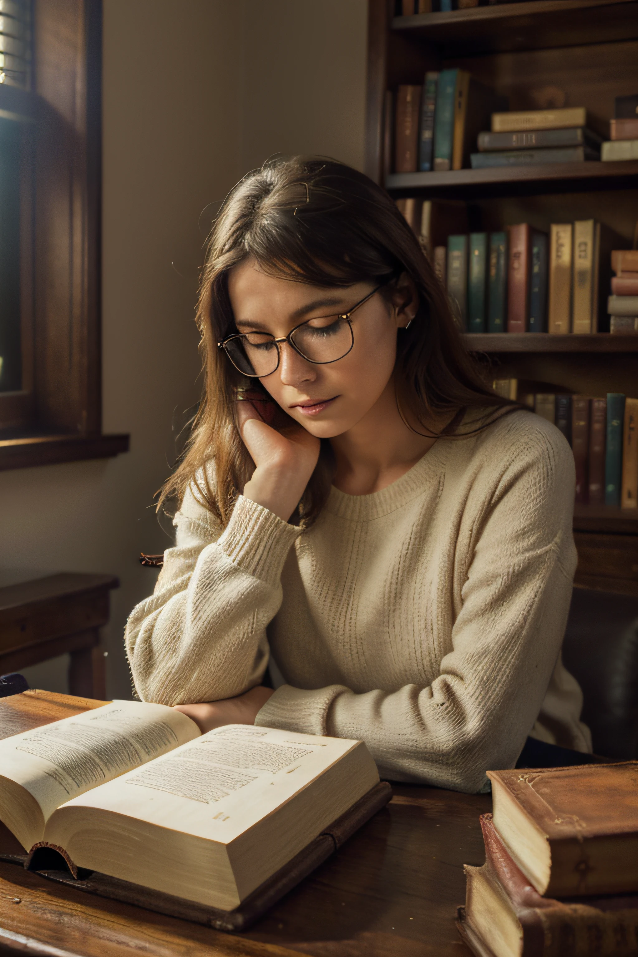 A girl in library,bookshelves,dusty books,old wooden desks,leather-bound books,reading glasses,warm lighting,sunlight streaming through windows,cozy atmosphere,quiet whispers,musty smell of paper and ink,comfortable armchair,stacks of books,notes and bookmarks,studying hard,lost in a book,peaceful solitude,serene expression,contemplative mood,mindful reading,deep in thought,serendipitous discoveries,magical stories,inspiring words,imagination running wild,adventures within the pages,escaping reality,cherished knowledge,quiet escape from bustling world,ancient wisdom preserved in texts,enchanting literary world,library of dreams,mountains of knowledge,secret passageways,hidden treasures,whispers of history,literary haven,unfolding mysteries,new realms to explore,boundless learning,unending possibilities,inspiring creativity,unleashing imagination. (best quality,4k,8k,highres,masterpiece:1.2),ultra-detailed,(realistic,photorealistic,photo-realistic:1.37),HDR,UHD,studio lighting,ultra-fine painting,sharp focus,physically-based rendering,extreme detail description,professional,vivid colors,bokeh,portraits,book-themed aesthetics,classic nostalgia,cozy ambiance,warm color tones,golden hues,gently cascading light,soft shadows,bookish charm,calm and serene ambiance,gentle tranquility.