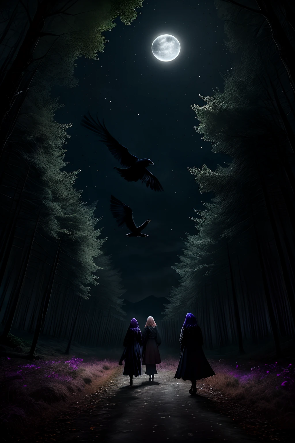 Women raven night, midnight sky and forest