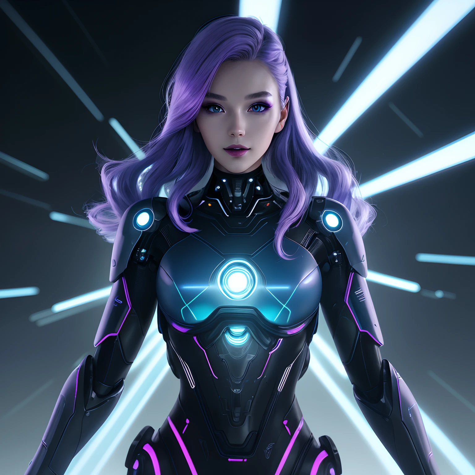 Textured skin, Super Detail, high details, High quality, Best Quality, hight resolution, 1080p, Gorgeous beauty、Girl with Beautiful Mecha Body、(Gundam) Girl with robot body, very very long long hair rapunzel, sit down, Full body, purple.