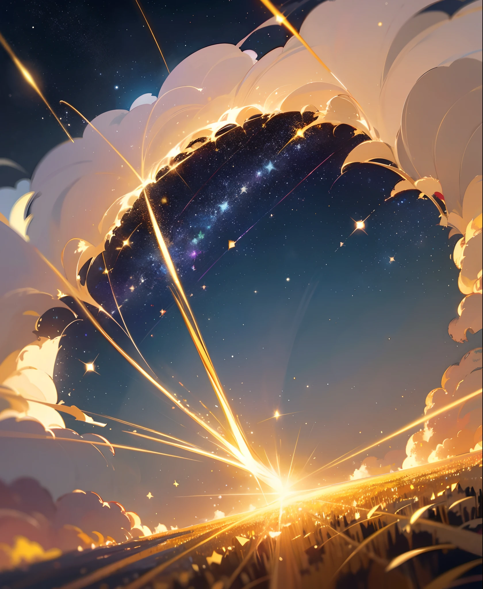 Best Quality 8k、You can see the sparkling starry sky in the distance、A golden light that connects the ground and the sky in a straight line、More than half of the sky was depicted shining、Ancient rituals on earth、lensflare、wide angles、A twinkling microscopic light、colourfull