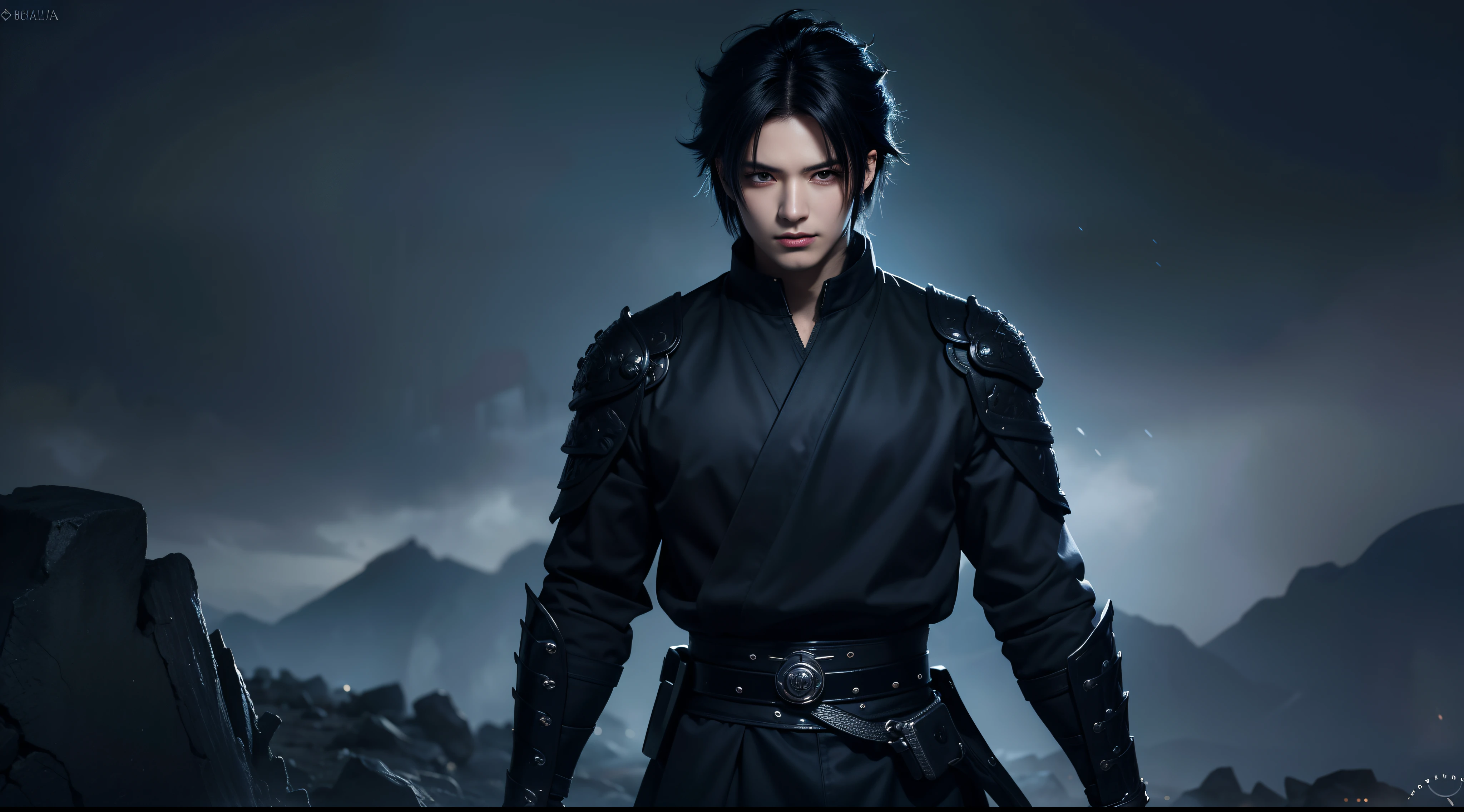 An 8k masterpiece, highest resolution, every detail, meticulous detail, depth of field, bright colors, beautiful composition: anime character Sasuke impresses with his black hair and glowing eyes Beautifully detailed lighting, standing against a dark and ominous background. This handsome demon slayer is the epitome of bad guys in the fantasy art world.