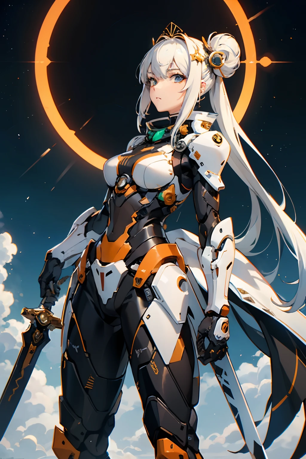 ((4K,masutepiece,Best quality)), mechs,Girl,maxikit, The girl dressed conservatively, Solo, full bodyesbian, wide shoot, clutching a sword, White hair, Long hair, mechs, angel, , side hair bun, From the front side, angelic halo, Dazzling gold and orange shine, extra size body, Night, mont, view the viewer