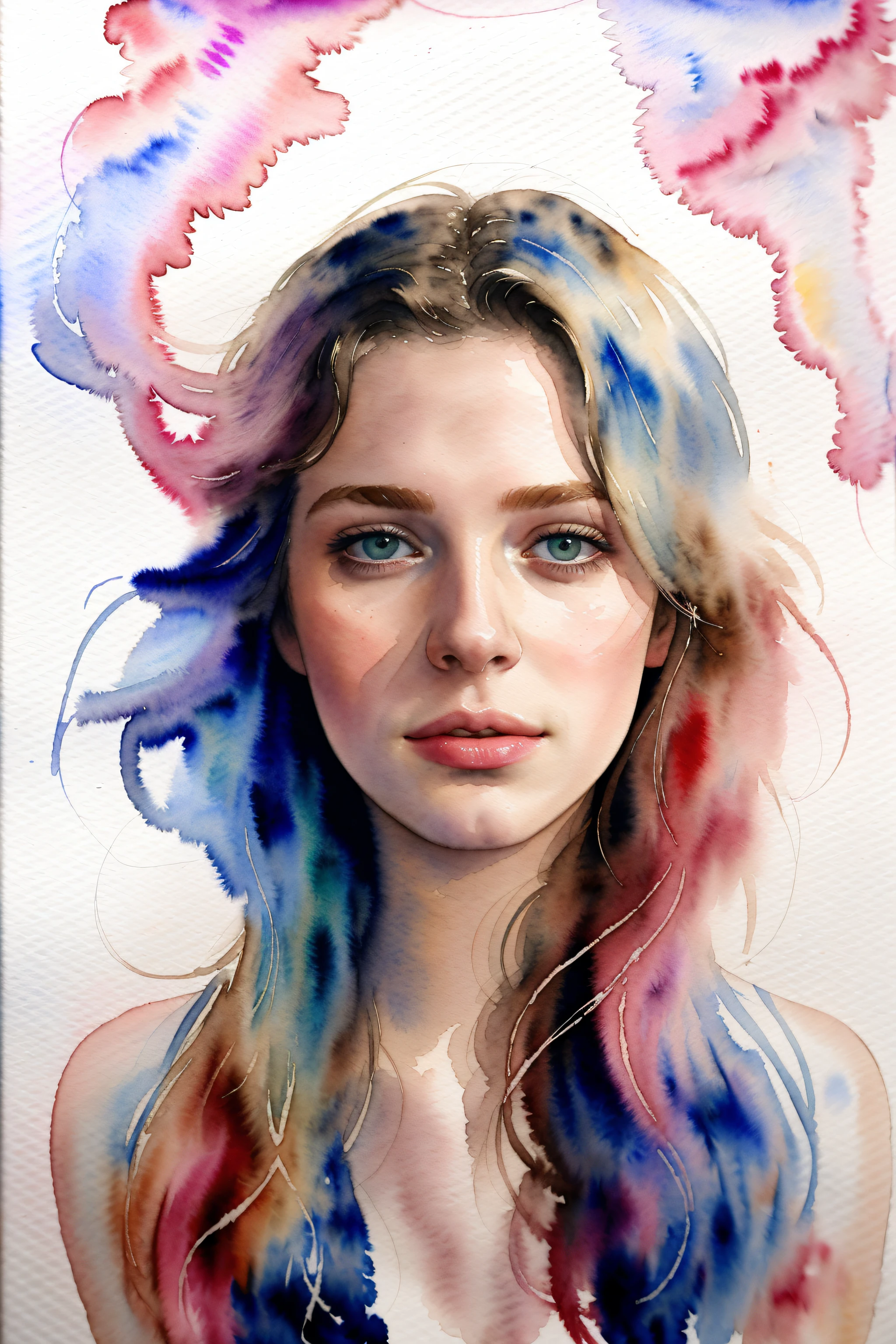(8k, best quality, masterpiece:1.2),(best quality:1.0), (ultra highres:1.0), (((watercolour))), a beautiful 22 year old french girl with messy shoulder length hair, hair ribbons, by agnes cecile, half body portrait, extremely luminous bright design, pastel colours, (ink:1.3), autumn lights