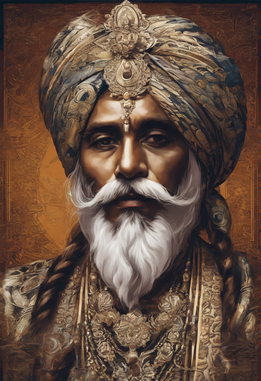(old indian man:1.1,wearing turban:1.2,white bigger beard:1.1,bigger moustache:1.1,lighting cigar:1.2,in swag,extremely detailed facial hairs,portrait,half body,medium:oil painting,detailed eyes and face,detailed turban,traditional clothing,aged appearance,royal background,studio lighting,vibrant colors,dignified expression) bhasma on forehead, holding sigarete in hand