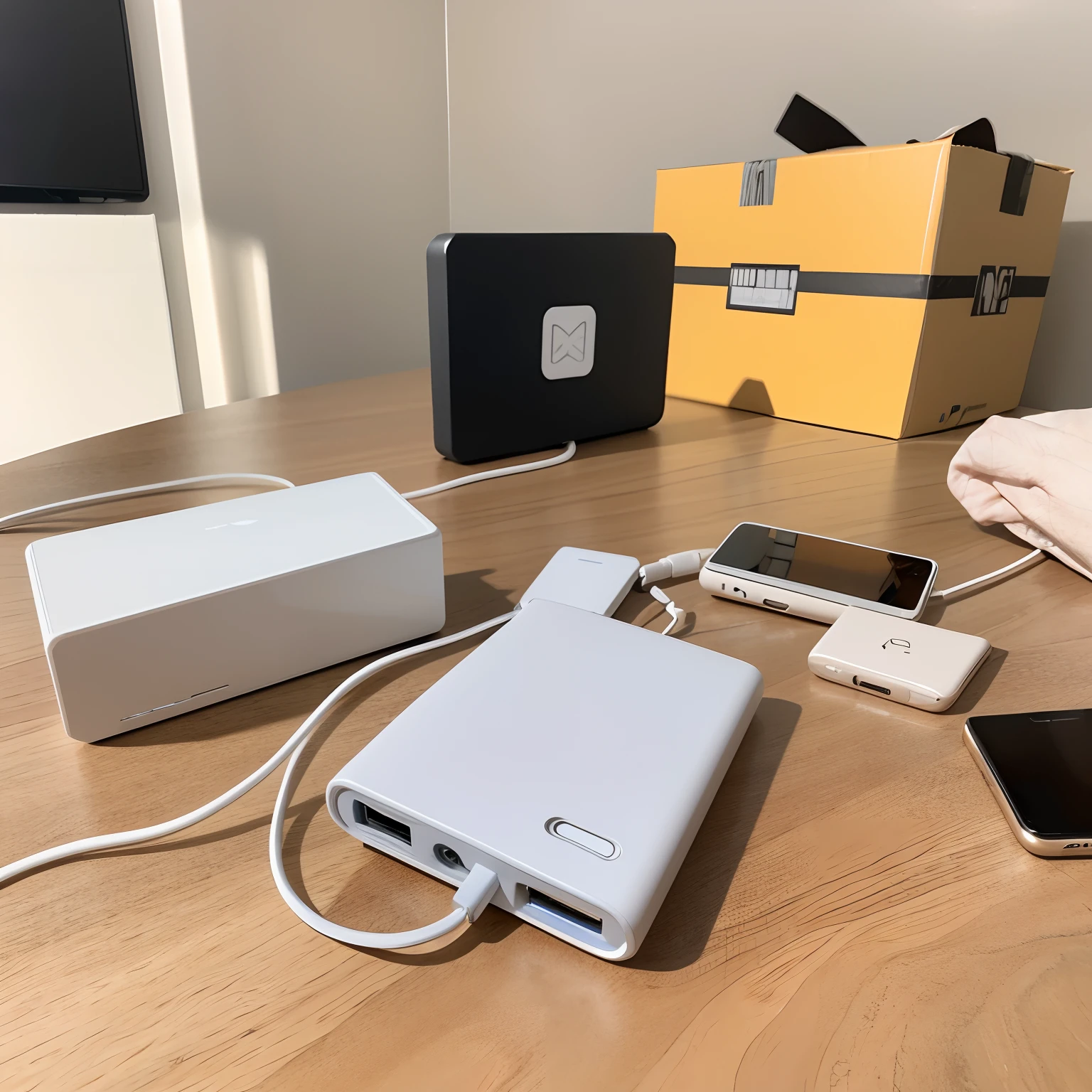A power bank on the table,Show it the unboxing process