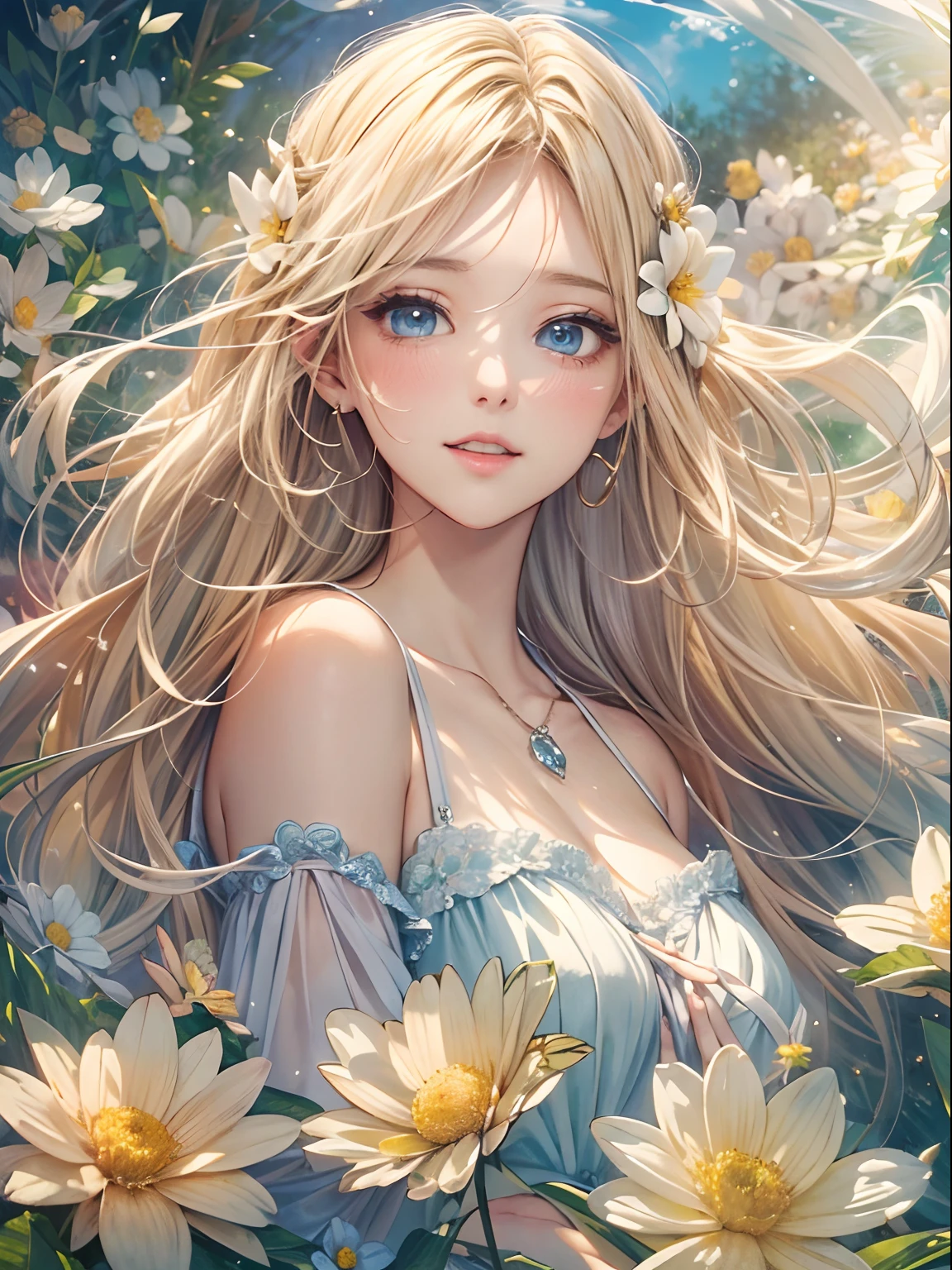 exquisitedetails, Highest quality 8K resolution, Ultra-detailed, Realistic, Vibrant colors, Soft tones, With warm and gentle lighting,(Smooth straight blonde hair:1.2),(Hair parted in the middle:1.2),(Glowing hair),(Deep Blue Eyes:1.3),Garden Girl,Smiling with tears in her eyes,With an overflowing soft and gentle feeling, Multiple Corner Turns,Visible emotions and specific emotions, I want to believe, Use illustrations,Long-haired beautiful girl fluttering in the wind,The promenade is full of flowers, Create colorful reflections.The sun's rays illuminate joy and pure love, Cast a warm golden glow on the girl's face. Their love is like a blessing from God, Free yourself from the hassles of this world. The atmosphere is full of happiness and laughter, It's like heaven、As if in praise of love. The artwork is、Create a combination of digital illustrations and photos, Sticking to ultra-detailed depictions and vivid colors. In a style that blends romanticism and realism、You can feel the depth of love. The color palette consists of soft pastel tones, Create an ethereal atmosphere like a dream. and the lighting is soft and diffused, Cast a gentle light on the face,、The warmth of the hug increases. The artwork is a masterpiece, Meticulously crafted to capture the essence of an unbreakable bond.