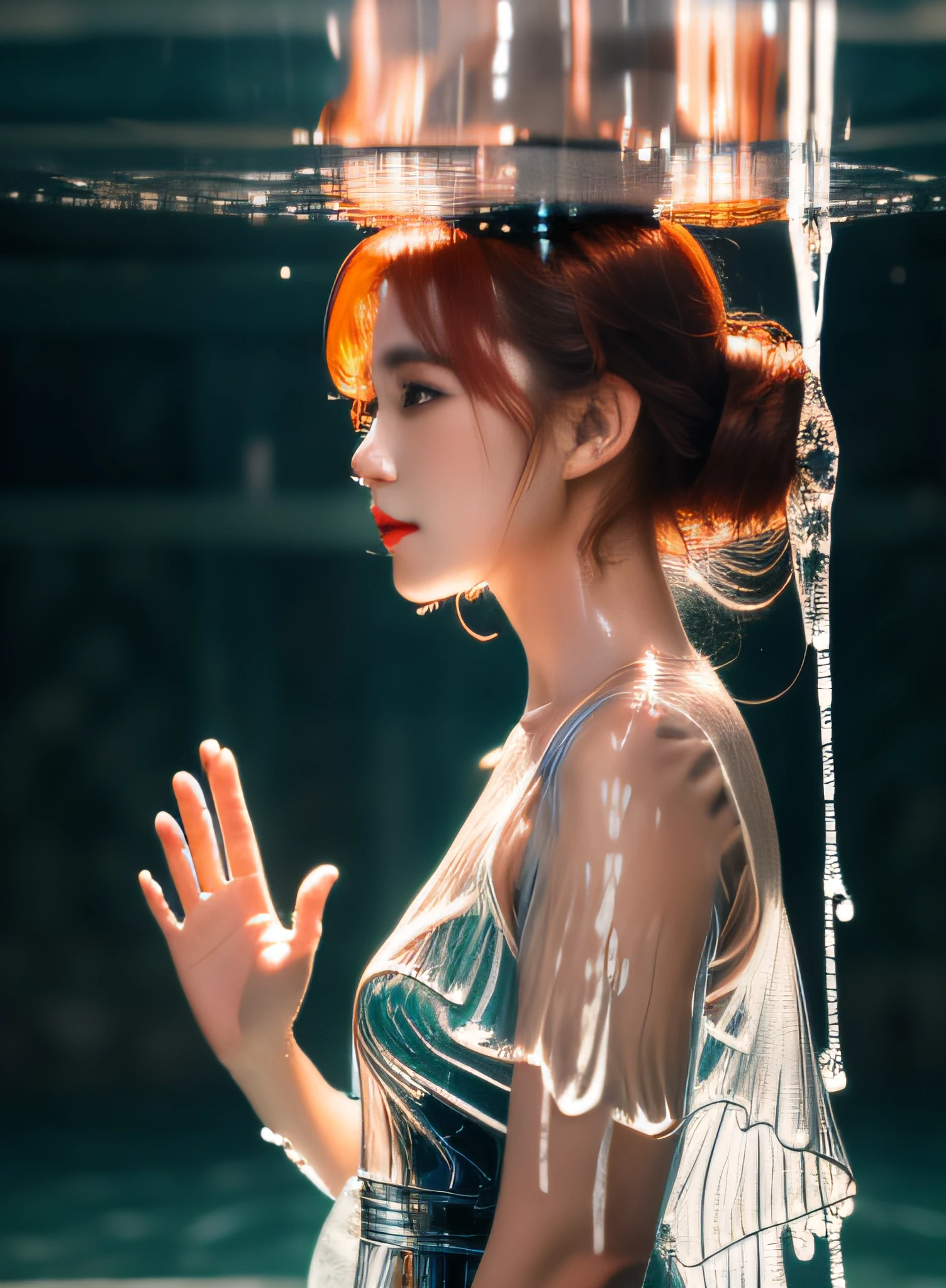 Beautiful woman wearing (Transparent dripping rippling water dress) Midgar,8K, masutepiece, Highly detailed, Solo,
(Jib Shot, From Side),
Waving,
skeptical,
curly updo,
Red hair,