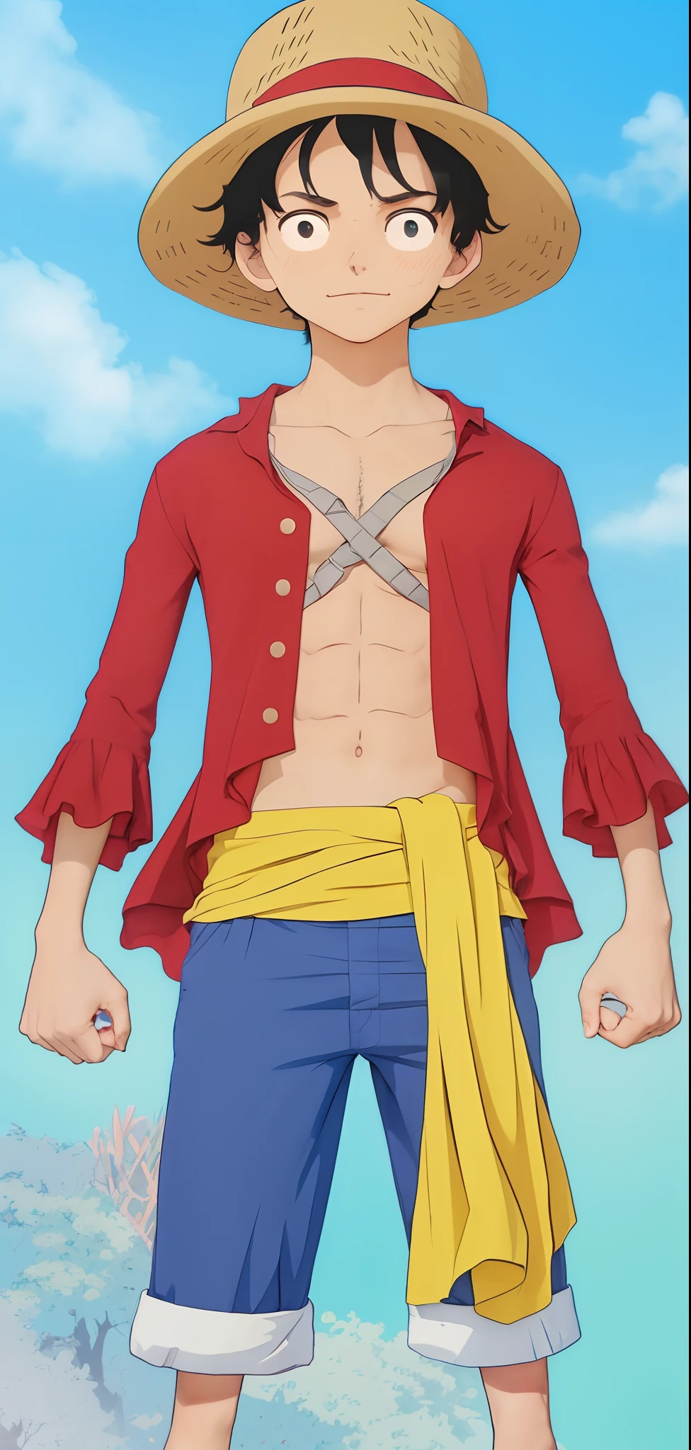 There is a young man with a handsome face and curly black hair and big blue eyes in a sunny forest, a thoughtful attentive expression on a handsome face, full-length, dressed in a simple gray shirt and old-style pants