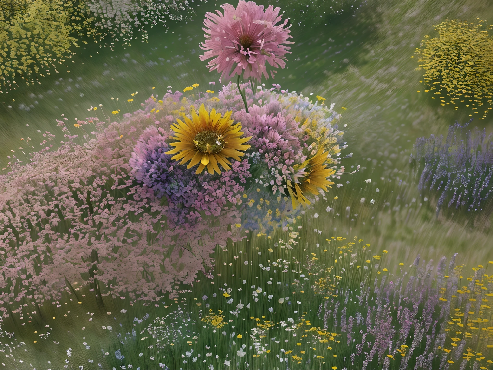 A lush and vibrant spring meadow carpeted with a riot of colorful wildflowers, one can almost feel the soft and refreshing breeze gently brushing against their skin. The image, captured in a breathtakingly detailed painting, showcases the stunning beauty of nature in full bloom. Every petal, every blade of grass, is depicted with such meticulous care that one can almost sense the fragrance of the flowers. The vibrant hues of pink, purple, and yellow burst from the canvas, creating a sensory feast for the eyes. This masterpiece truly encapsulates the essence of spring, evoking a sense of joy and renewal for all who behold it.