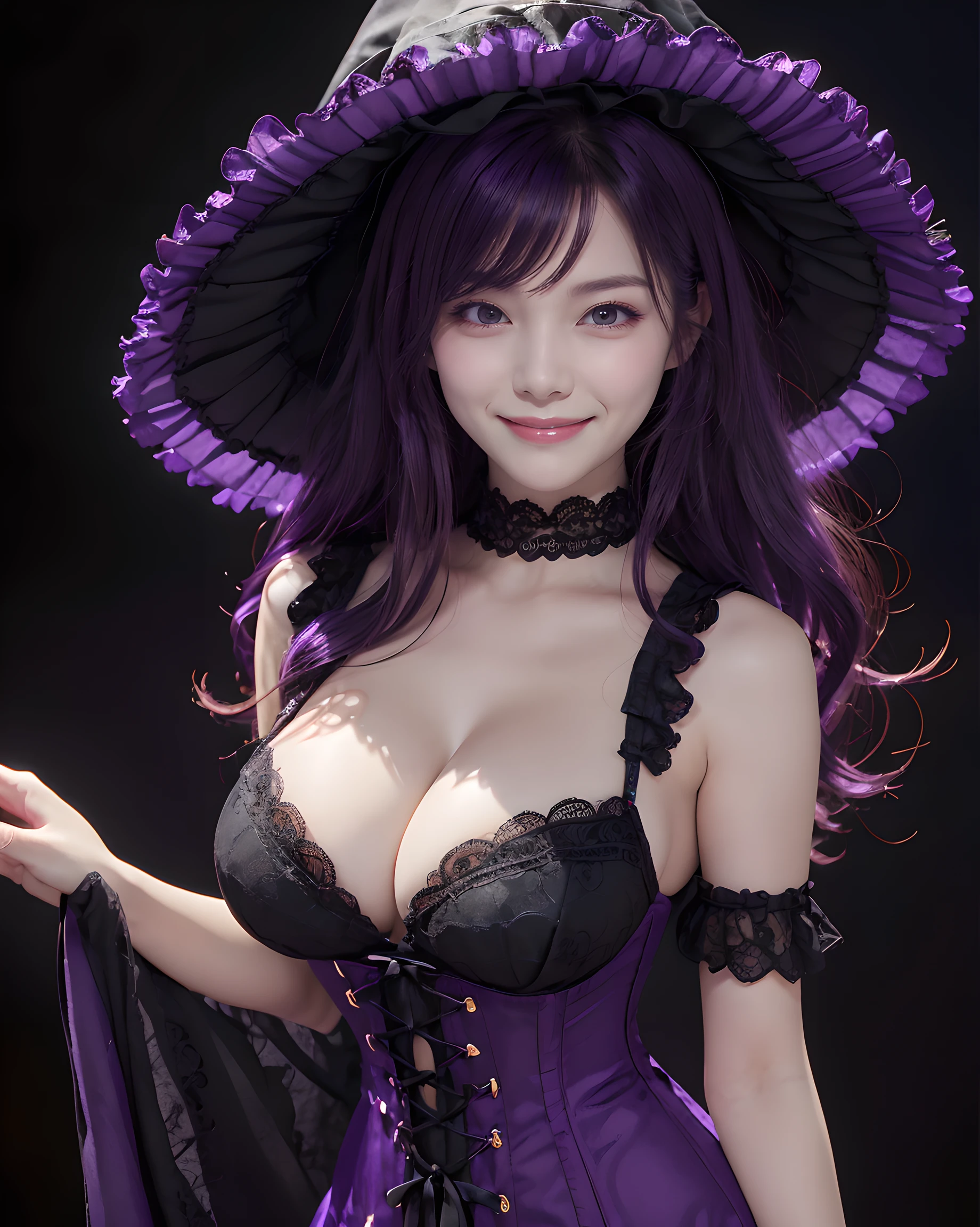 (simple black background:1.5), (Halloween theme:1.3), upper body portrait of a very busty beautiful woman wearing overbust lace corset, ultra detailed embroidery full lacy corset, frilled lacy short skirt:1.3, detailed clothes, (full lacy purple witch hat:1.3), BREAK, (;D1.3, happy evil smile:1.2)), perfect face,perfect eyes,HD details,high details,sharp focus,studio photo,HD makeup,shimmery makeup,celebrity makeup, (bust up image:1.5), ((centered image)) (HD render)Studio portrait,magic, magical, fantasy,(huge breasts)(large breasts),(big breasts),(sagging breasts), wavy curly hair:1.3, (purple hair:1.3), (front view:1.3), from below, low angle,