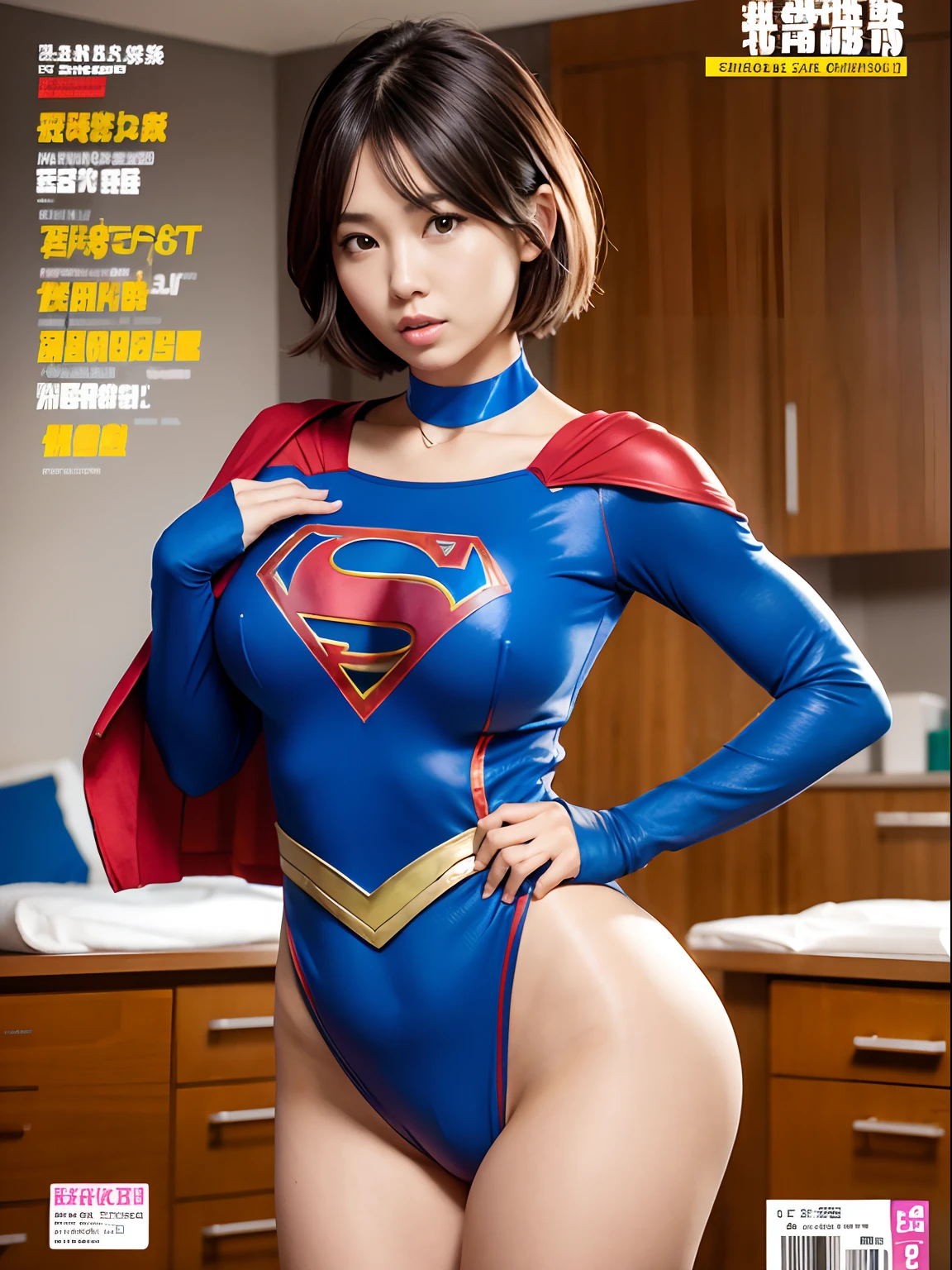 masterpiece、surgery room、Operating table、Supergirl Costume、short-hair、bare-legged、srestrained、a navel、Injury、Crisis、a choker、large full breasts、Looking at the camera、Weekly magazine cover