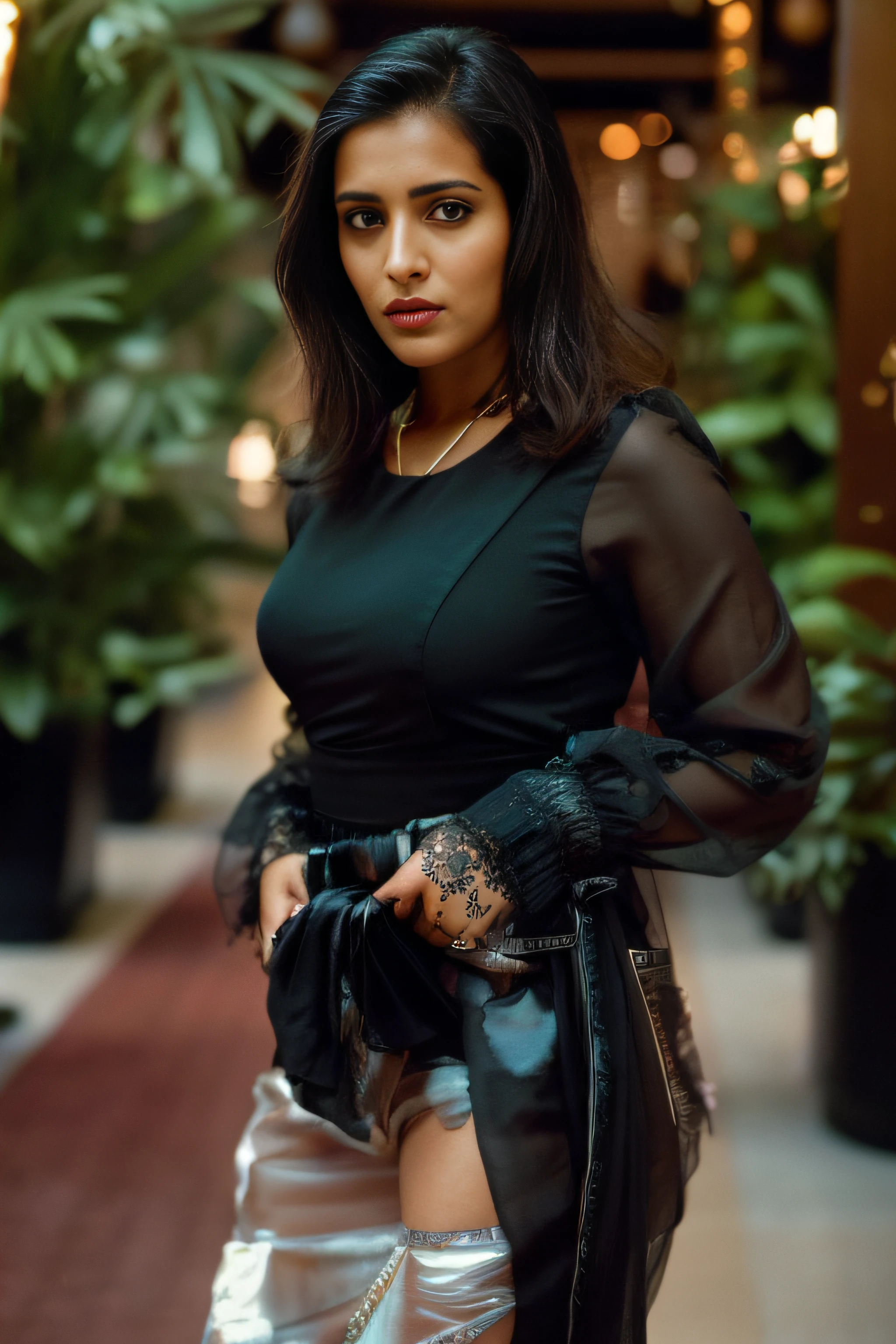(editorial photograph of a young Indian woman), karla ortiz, (highly detailed face:1.4) (smile:0.7) (backround 5 star hotel ,(big natural lips),moody, private study:1.3) POV, by lee jeffries, nikon d850, film stock photograph ,4 kodak portra 400 ,camera f1.6 lens ,rich colors ,hyper realistic ,lifelike texture, dramatic lighting , cinestill 800, realistic, wearing Black dobby weave self design fit & flare dress Sweetheart neck Short, puff sleeve Tie-up detail on back Above knee length in flounce hem Attached Lining Chiffon fabric, actress, karla ortiz, posing!!, candid picture, by Max Dauthendey,