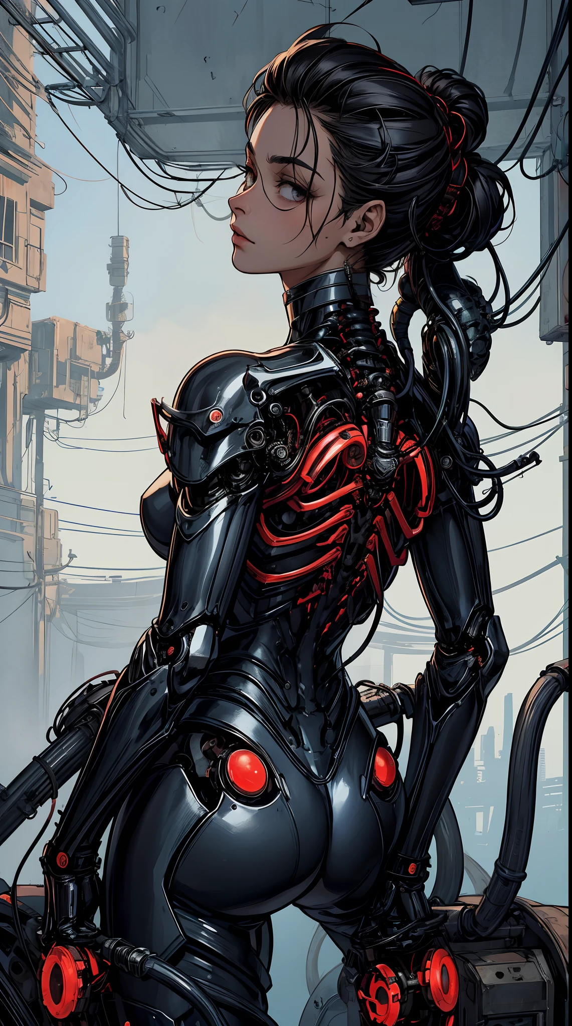 (((masterpiece))), ((best quality)), (ultra-detailed), (CG illustration), (an extremely devious and beautiful)), cinematic light, ((1 mechanical girl)), single, (machine-made joints: 1.4), ((mechanical limbs)), ( blood vessels attached to the tube), ((mechanical spine attached to the back)), ((mechanical cervical vertebrae attached to the neck), ((back to the viewer)), expressionless, (wires and cables attached to the head and body: 1.5), science fiction, apocalypse, ruins