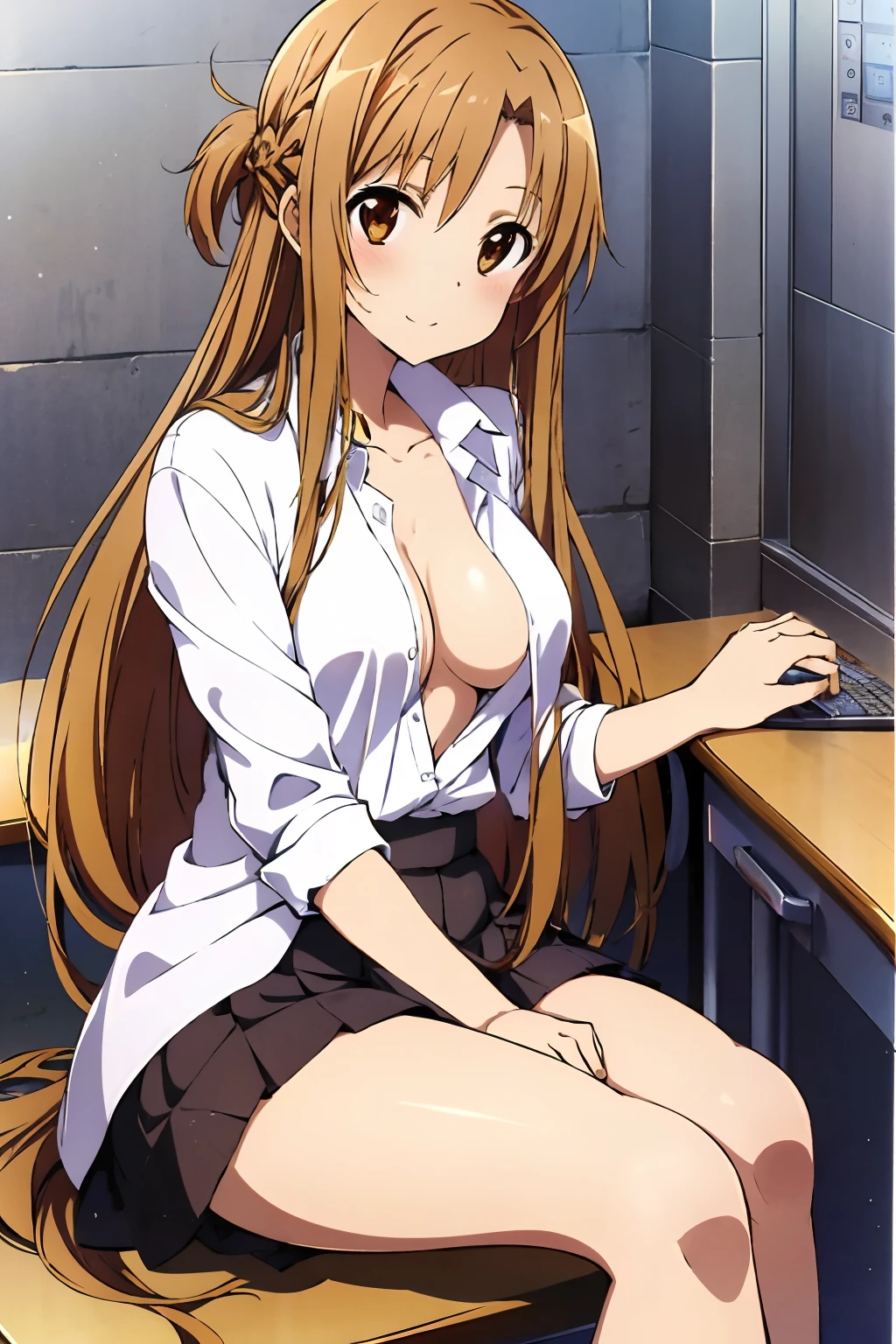 Yuuki asuna, 1girl, long hair, brown hair, school skirt, schoolgirl, unbuttoned shirt, sitting, shiny skin, sexy