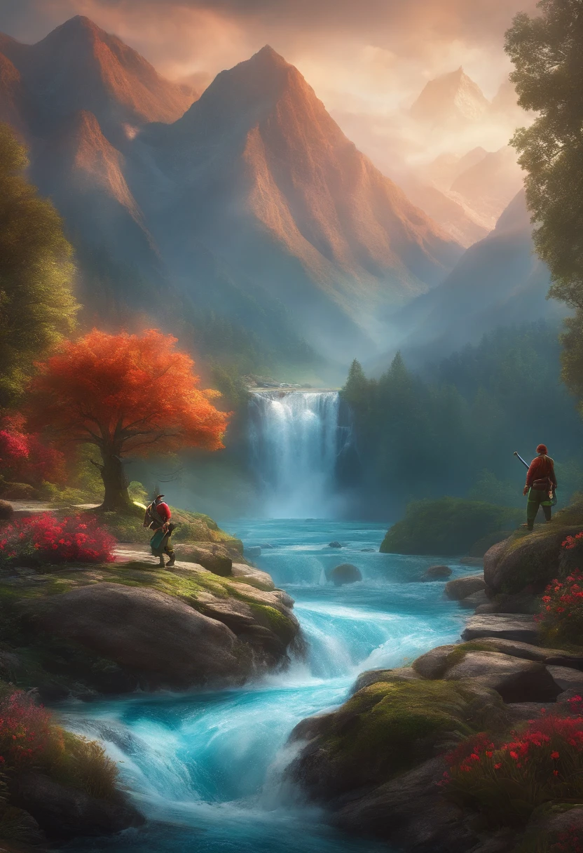 Design a game scene,Mario style,High mountains and flowing water,Two people fighting