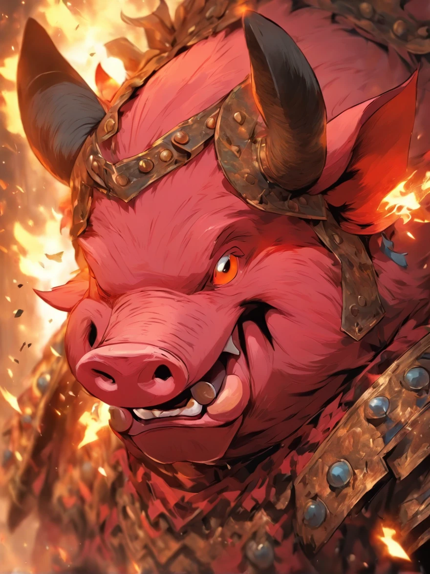 Pig demon，Human pig's head，Burly，dressed in armor，A robe is worn over the armor，With a long axe in his hand，The expression is fierce，unholy，