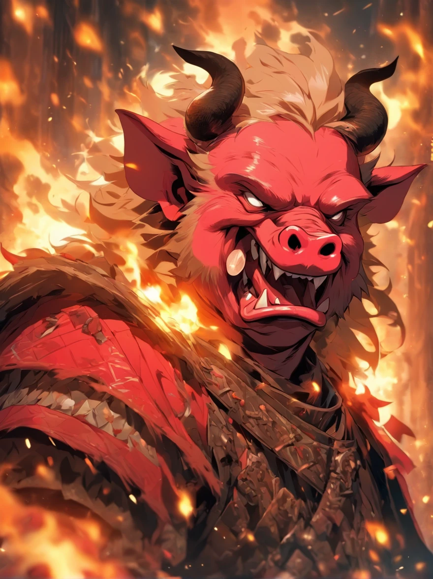 Pig demon，Human pig's head，Burly，dressed in armor，A robe is worn over the armor，With a long axe in his hand，The expression is fierce，unholy，