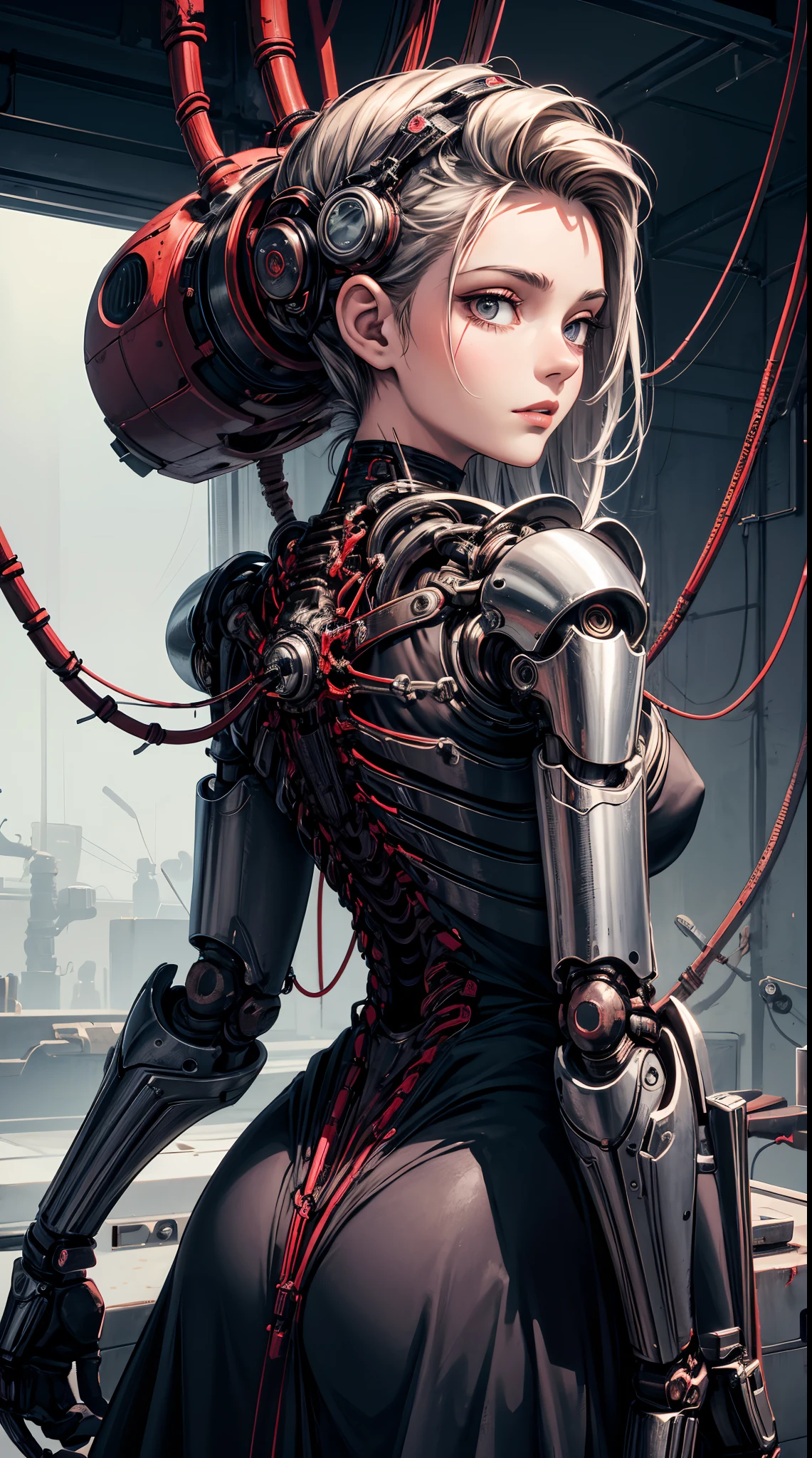 (((Masterpiece))), ((Best Quality)), (Super Detail), (CG Illustration), (Very Evil and Beautiful)), Cinematic Light, ((1 Mechanical Girl)), Single, (Mechanical Art: 1.4), ((Mechanical limb)), (Blood vessel attached to a tube), ((Mechanical spine attached to the back)), ((Mechanical cervical vertebrae attached to the neck), (Back to the viewer)), expressionless, ( Wires and cables attached to the head and body: 1.5), Science Fiction, Apocalypse, Ruins, (Lower Body Integrated with Mechanical Devices), (Blood: 1.5), Cruelty, Absurdity, Eroticism, Fusion with Machines, Doomsday Time, Super Future, Inorganic, Laboratory, Restraint, (Beautiful Indulgence: 1.2), (1 Girl: 1.3), Body Wrapped Around Mechanical Tentacles