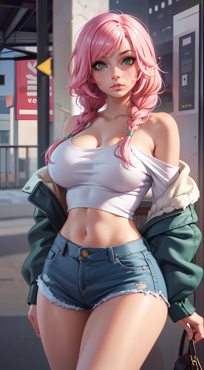 （（Best quality，8K，tmasterpiece：1.4））， Pink hair，Long braid on one side， exteriors，（ Lower part of bare chest，Plain white off-the-shoulder extra-short top），huge tit， shiny skins，tight ripped denim shorts， Green eyes