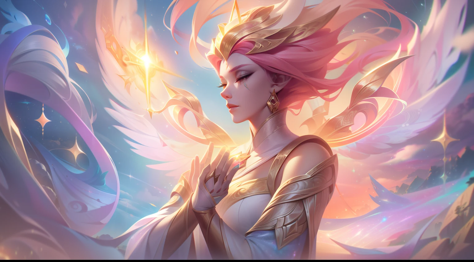 Splash Art Base "Lyra, the guardian of the kingdom of heaven" Featuring dazzling and otherworldly scenes. Stand in the middle of a paradisiacal landscape, Lyra, Empathetic guardians, Exudes a sense of tranquility and wisdom. His appearance is a heavenly being, Dotted with sparks, The rainbow-colored wings emit an ethereal glow. Leila's empathetic cast is on full display, is depicted as a line of energy flowing from his outstretched hands. These ley lines are connected to the champions around you, Symbolizes your ability to channel and manipulate emotions. in the background, The cosmic landscape adds to the grandeur of the image. Twinkling stars and distant galaxies create a sense of wonder and awe, Emphasis is placed on Leila's heavenly origins and her role as an emotional guardian. The color palette is a harmonious blend of soft pastel tones, creating a serene and peaceful atmosphere. The overall composition exudes a sense of calm and inner strength, A reflection of the harmonious balance that Leila strives to achieve.