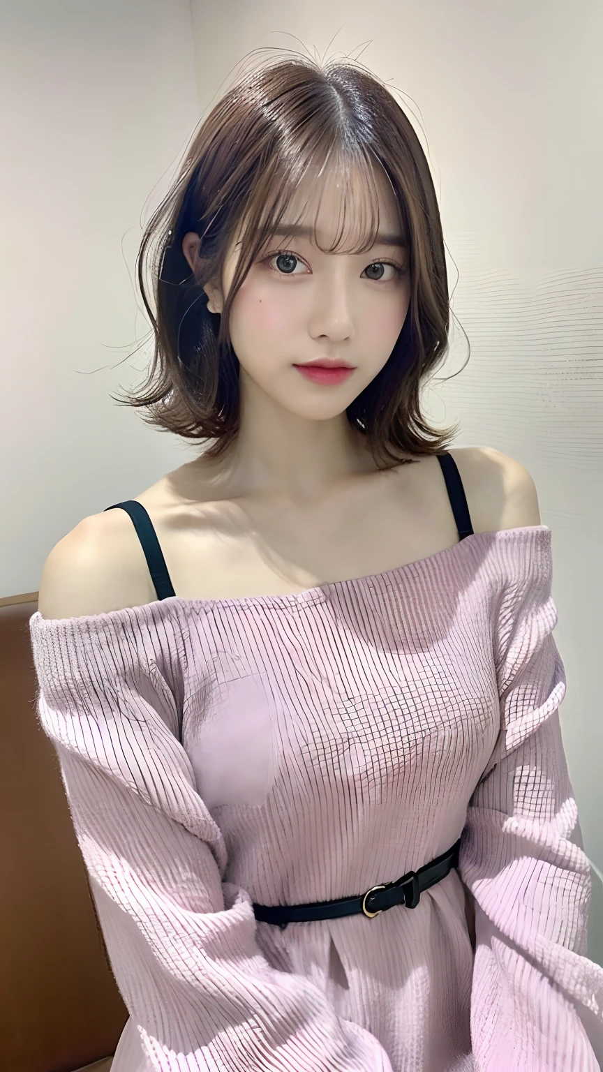 (realisitic、hight resolution:1.3)、1 girl with a perfect figure、Super thin face and eyes、in a cafe、1. Character: Women in Their 20s. 2. Hairstyle: Short bob hair bouncing outwards, Emphasis on the tips of the bristles bouncing on the shoulders、The hair on the sideburns grows in a gentle spiral、The length of the hair is the length of Q's shoulders. Hair color is lavender. Thin, Faint bangs frame the forehead, Styling the hair around the face inward,. 3. outfit: Wear a dress. 4. Background: White wallpaper. 5. picture quality: High resolution 8K. 6 Fair-skinned Japan woman with beautiful and elegant appearance.