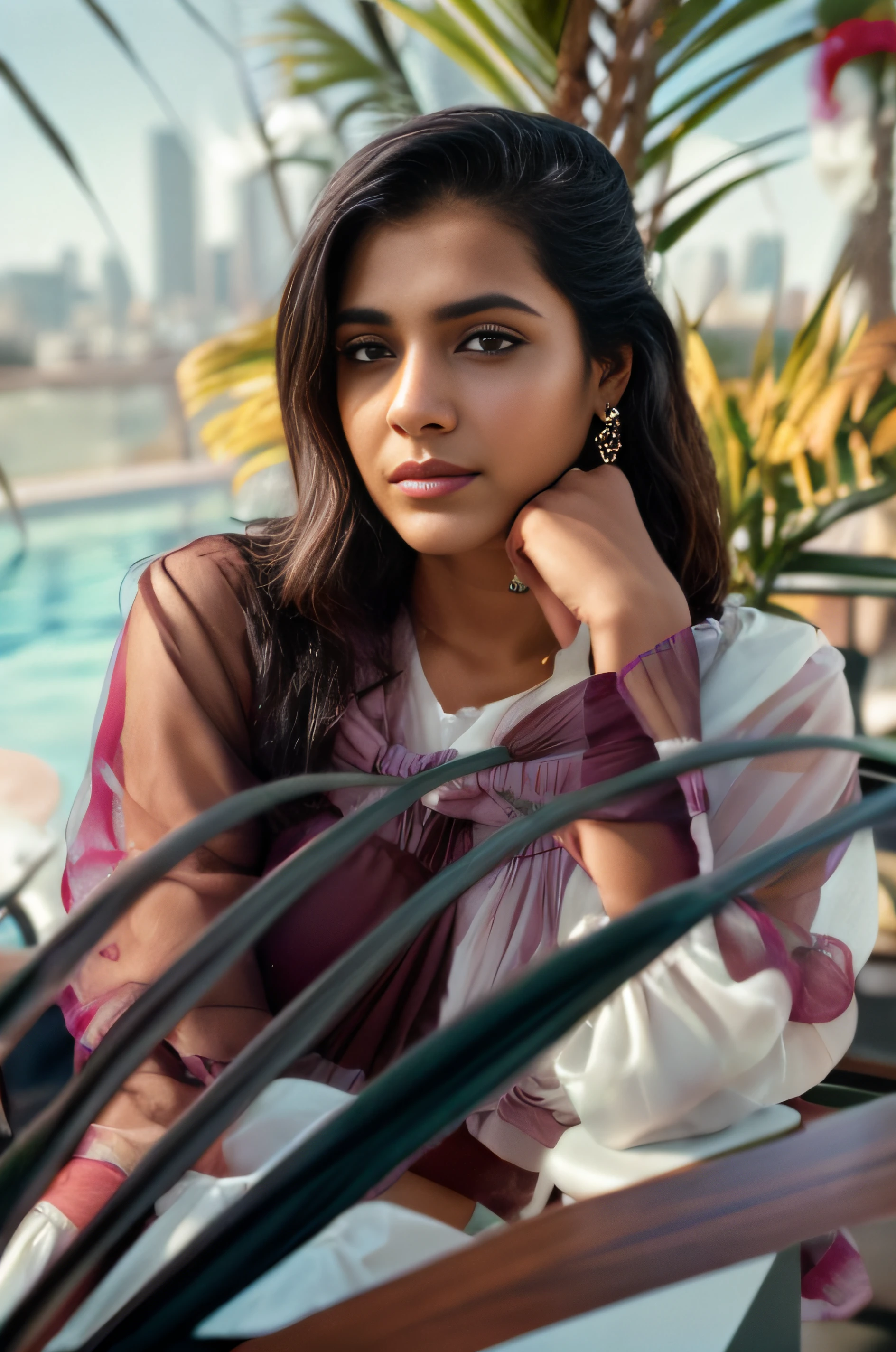(editorial photograph of a young Indian woman), karla ortiz, (highly detailed face:1.4) (smile:0.7) (backround 5 star hotel , moody, private study:1.3) POV, by lee jeffries, nikon d850, film stock photograph ,4 kodak portra 400 ,camera f1.6 lens ,rich colors ,hyper realistic ,lifelike texture, dramatic lighting , cinestill 800, realistic, wearing Black dobby weave self design fit & flare dress Sweetheart neck Short, puff sleeve Tie-up detail on back Above knee length in flounce hem Attached Lining Chiffon fabric, actress, karla ortiz, posing!!, candid picture, by Max Dauthendey,