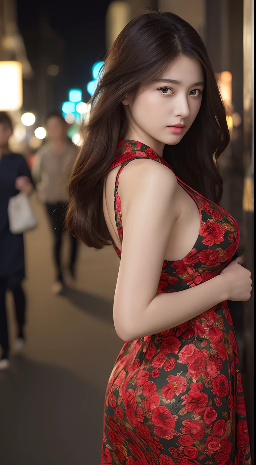 ((top-quality、8K、​masterpiece、:1.3))、1girl in、Amazing beauty，full body Esbian、Slim Faces、Pretty women、(dark brown hair)、qipao dress:1.1、Super Detailed Face、detailedeyes、二重まぶた、blurry backround、Slim Faces、nighttime scene、appearance、Street、raw,Back，Walking，raw,Back，Colossal tits