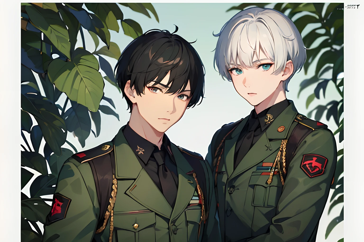 masterpiece, best quality, 2boys:(1boy, red eyes, black hair, short hair, military uniform, green camouflage), (1boy, blue eyes, white hair, short hair, military uniform, green camouflage), battlefield, detailed eyes, detailed facial features, realistic and high resolution (best quality, 4k, 8k, highres, masterpiece:1.2)