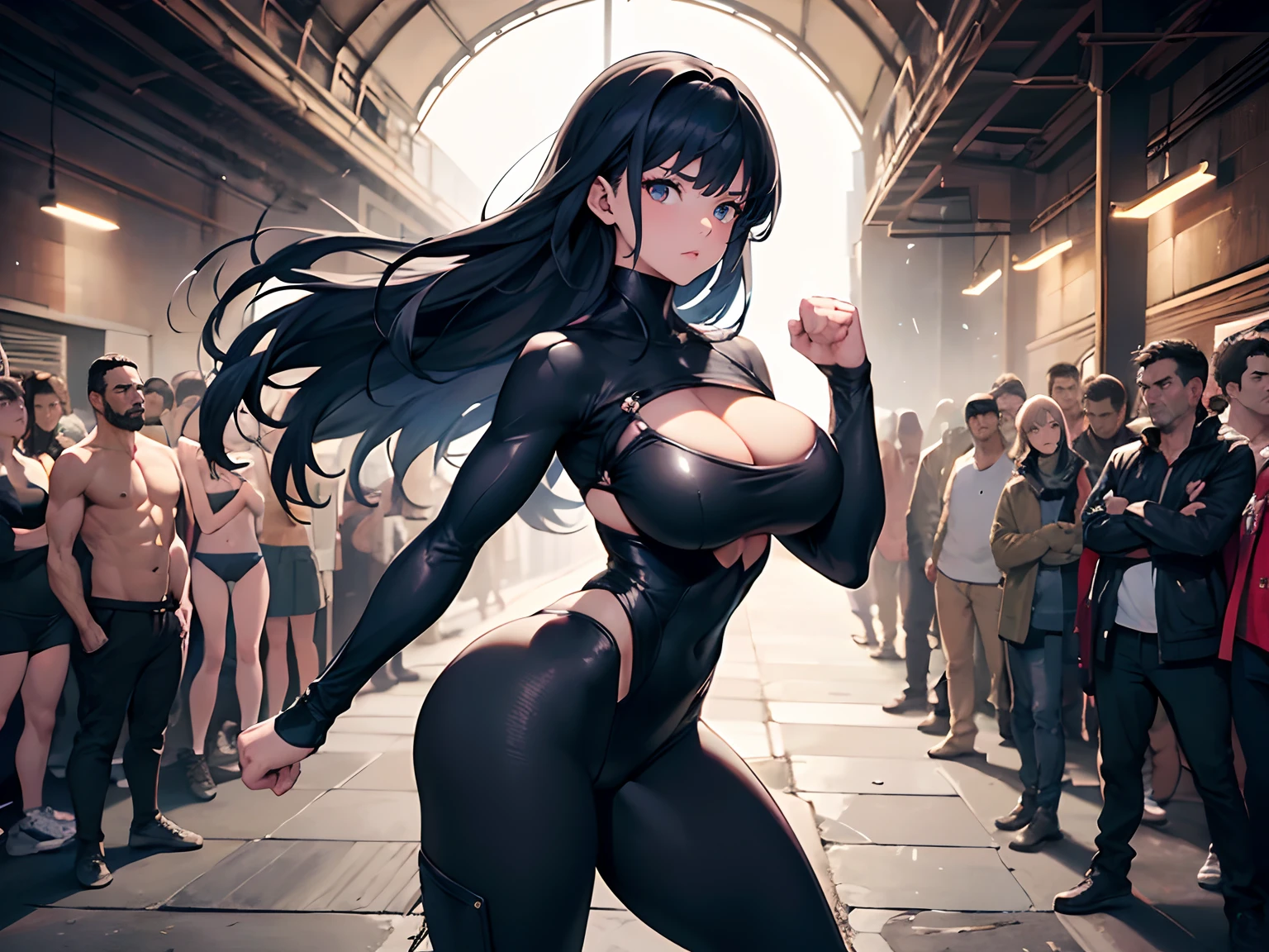 (Best quality,4K,8K,A high resolution,Masterpiece:1.2),Ultra-detailed,(Realistic,Photorealistic,photo-realistic:1.37),hdr,hyper HD,Studio lighting,Ultra-fine painting,Sharp focus,Physically-based rendering,Extreme detail description,professional,,Horror,anime big breast,Sci-fi,Photography,Concept artist,Martial arts standing pose, Five fingers,huge tit,Buttock augmentation,Bursting chest,A 20-year-old woman faces a large group of men,Dirt and long legs,Fitness model,She struck a fighting stance, Clench your hands into fists,Side Body, Long dark blue hair,The whites of the eyes and pupils are clearly colored,Height 165cm,Fair skin,Gloomy expression,in black tight bodysuit,Black boots, Stand in the alley at night, big vista,View from above,Look down from above, ((The men looked at her intently:1.5)), ((The men reached for her body:1.5)),((The men gathered around her in a circle:1.5)), (((There were only men in the crowd:1.5))), Standing in Cospali Promotions,All roles,Shot with Canon 5D MK4,Cospali photo.
