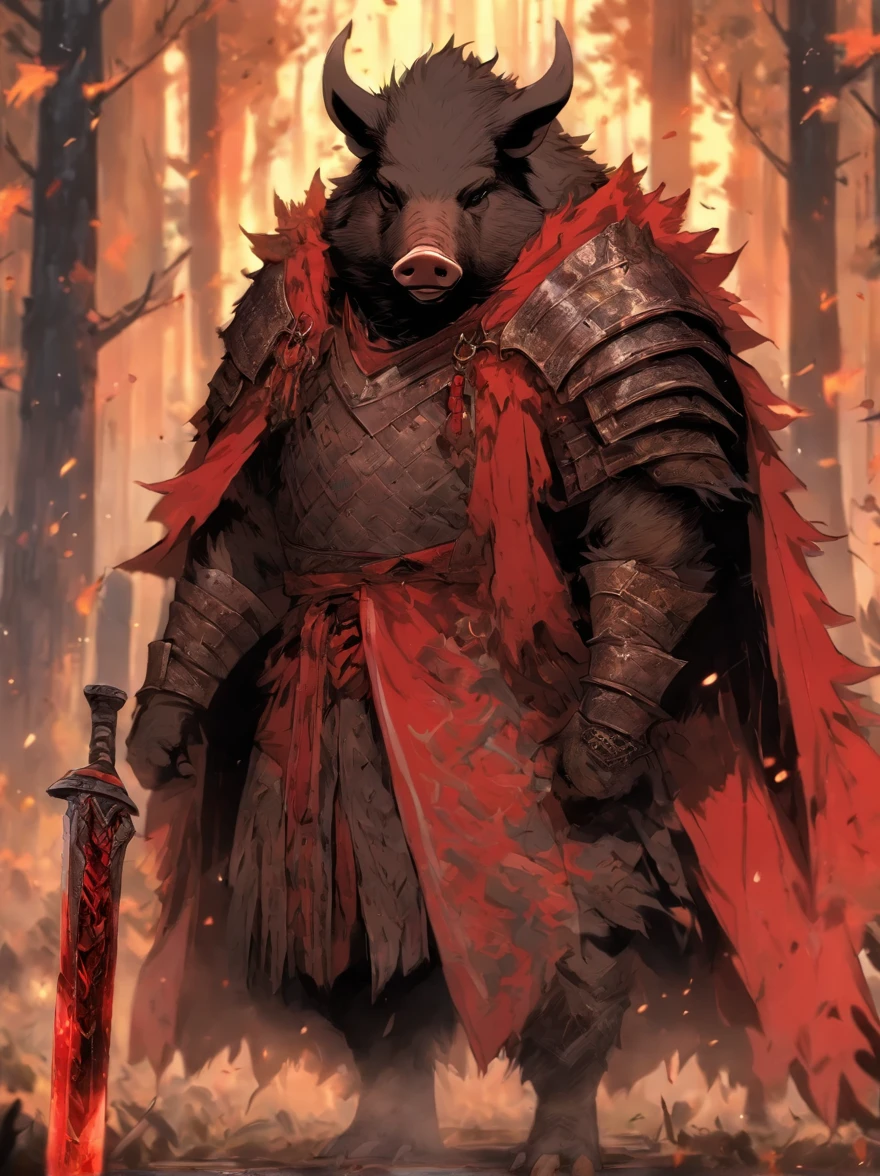 Black wild boar,Pig demon,Human pig's head,Burly,dressed in armor,A robe is worn over the armor,With a long axe in his hand,The expression is fierce,unholy,the night,the woods,full bodyesbian,Combat posture